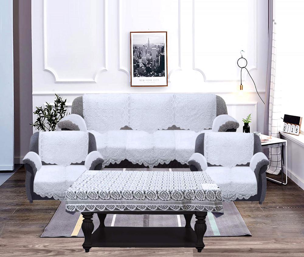 Kuber Industries Circle Design Cotton 5 Seater Sofa Cover With 6 Pieces Arms cover And 1 Center Table Cover Use Both Side, Living Room, Drawing Room, Bedroom, Guest Room (Set Of17, White)-KUBMRT11999