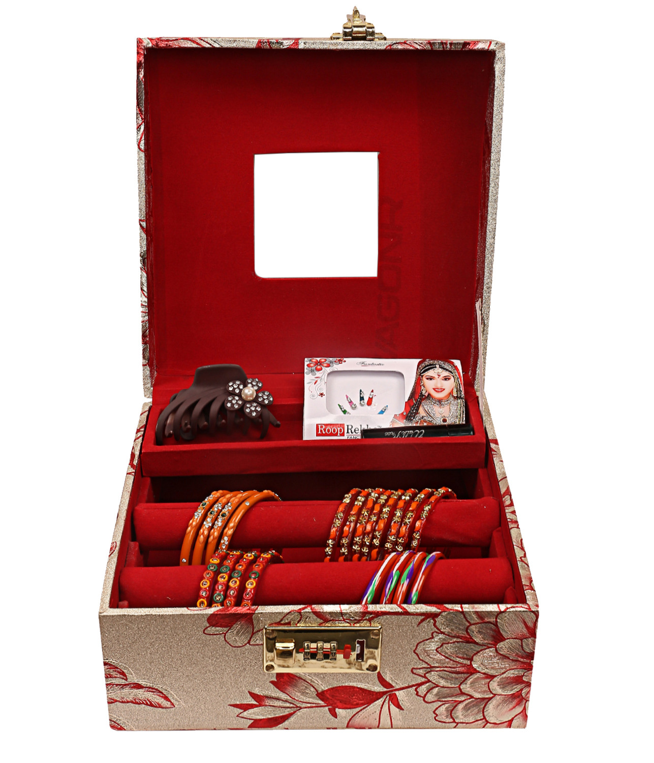 Kuber Industries Circle Design Wooden Jewellery Box/Organizer For Storing Makeup, Jewellery, Bangles, Cosmetics & Toiletries Items With 2 Bangle Rod, Mirror & Number Lock System (Gold)-47KM0541