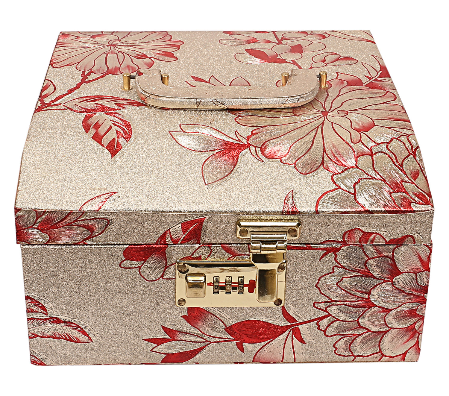 Kuber Industries Circle Design Wooden Jewellery Box/Organizer For Storing Makeup, Jewellery, Bangles, Cosmetics & Toiletries Items With 2 Bangle Rod, Mirror & Number Lock System (Gold)-47KM0541