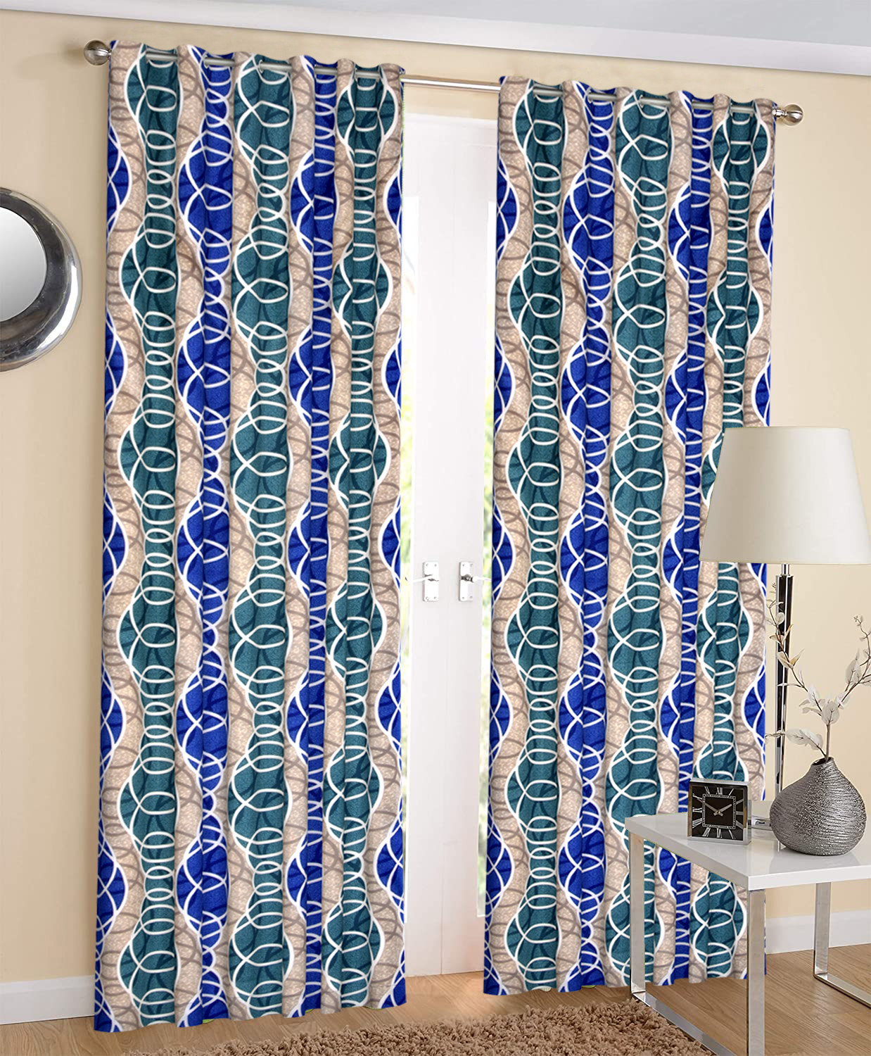 Kuber Industries Circle Print Room Darkening Door Curtain, 7 Feet (Cream & Blue)