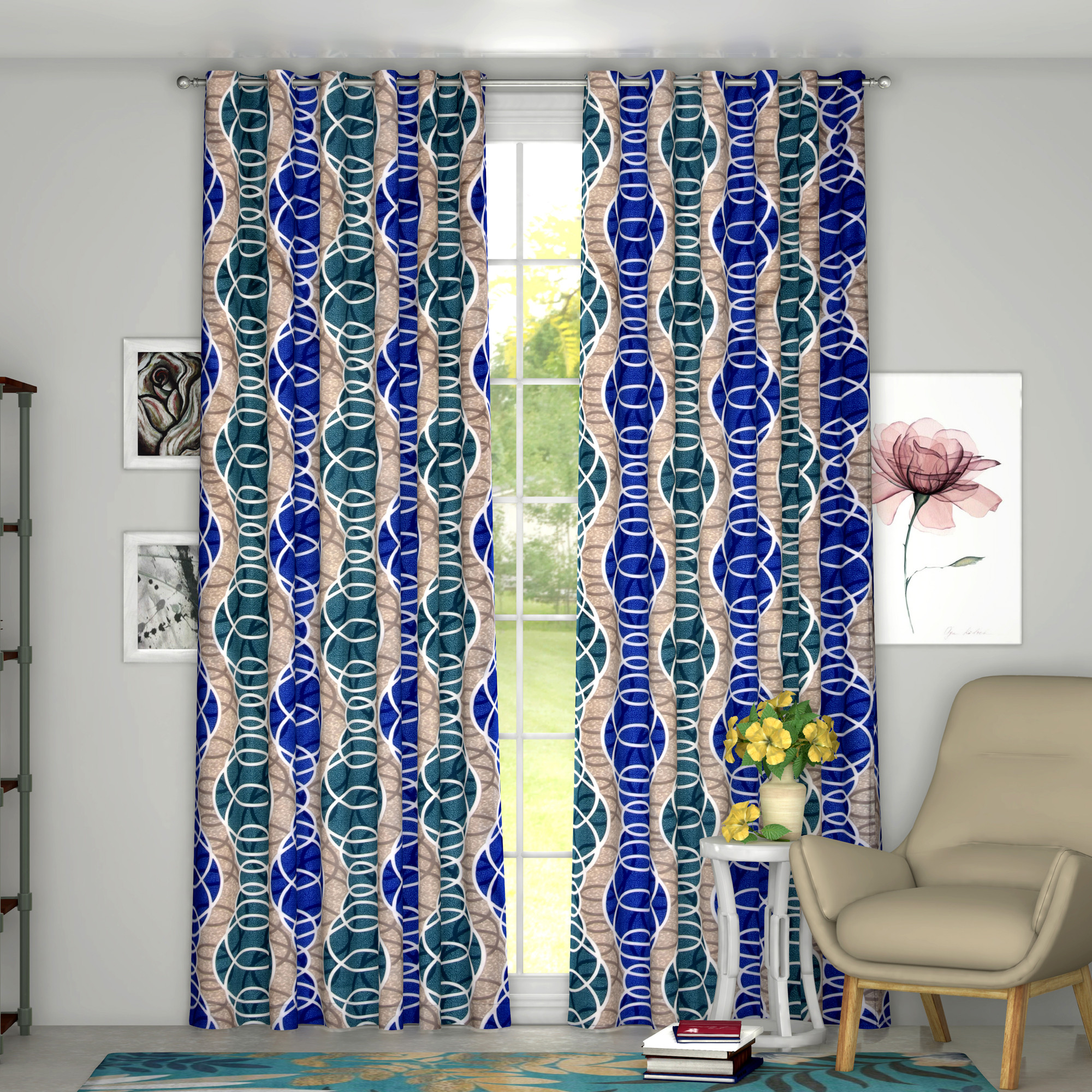 Kuber Industries Circle Print Room Darkening Door Curtain, 7 Feet (Cream & Blue)