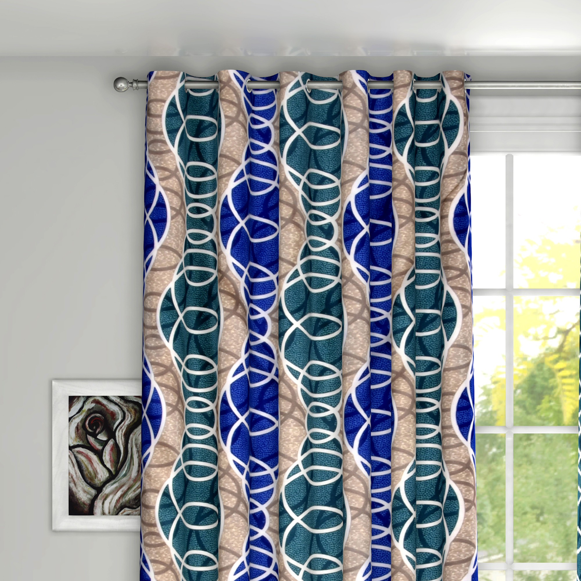 Kuber Industries Circle Print Room Darkening Door Curtain, 7 Feet (Cream & Blue)