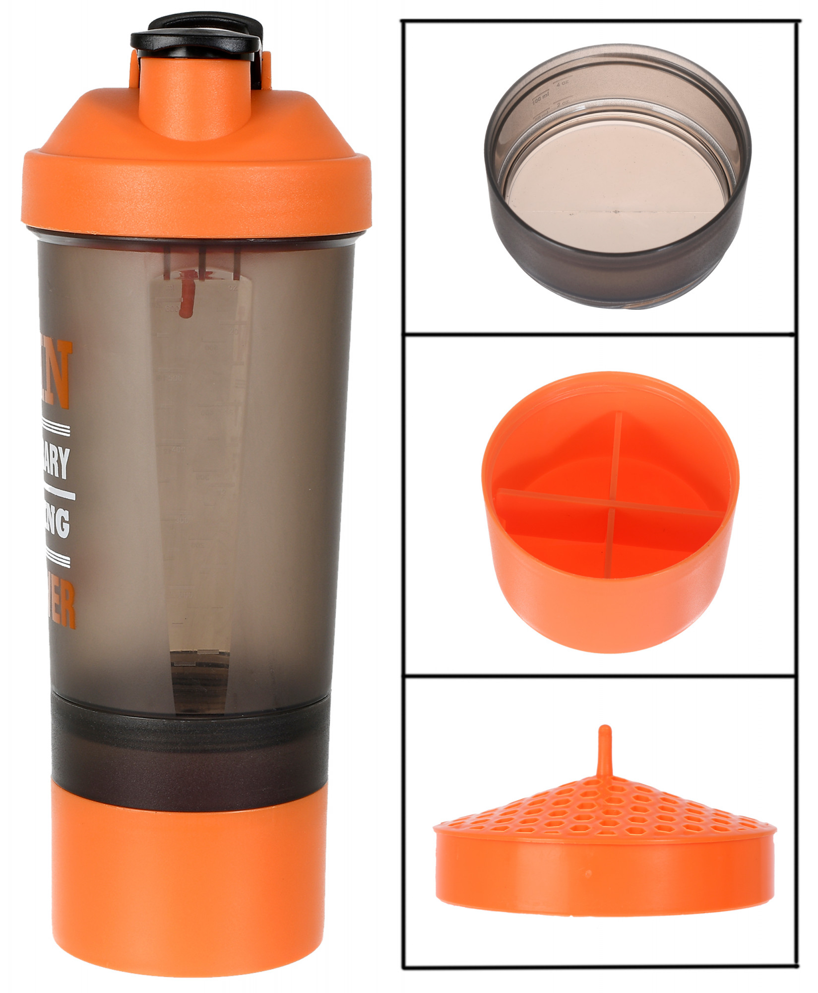 Kuber Industries Classic Shaker Bottle Perfect for Protein Shakes and Pre Workout with Pill Organizer and Storage for Protein Powder (Orange)
