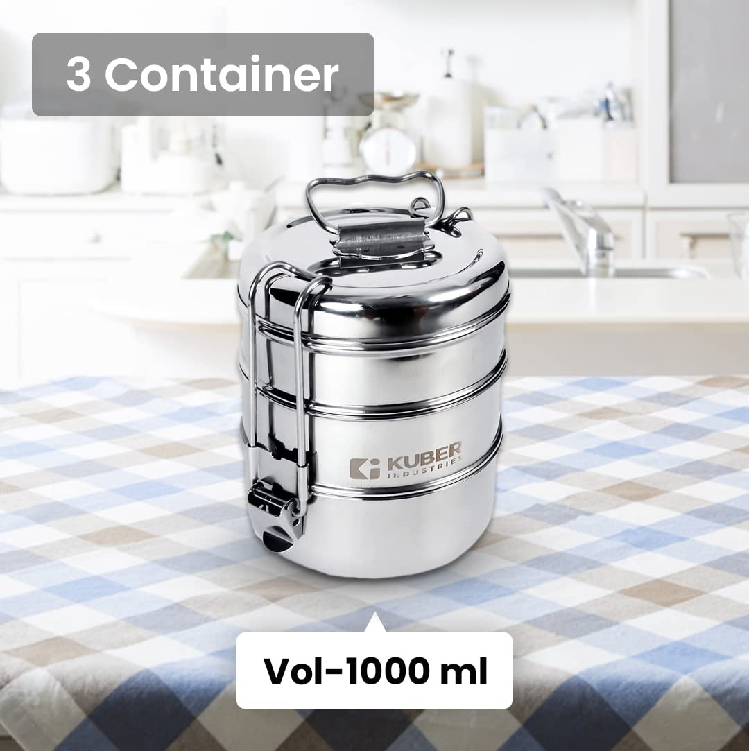 Kuber Industries Clipper Stainless Steel Tiffin Box | Lunch Box with Locking Clip I Silver | Set of 3 Box | Everyday use Home Office Steel Lunch Box (3 Container, 1000ml)