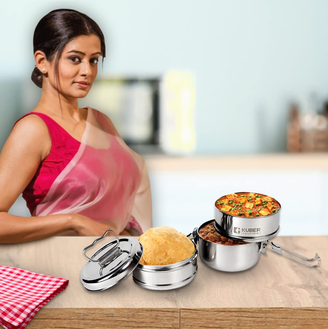 Kuber Industries Clipper Stainless Steel Tiffin Box | Lunch Box with Locking Clip I Silver | Set of 3 Box | Everyday use Home Office Steel Lunch Box (3 Container, 1000ml)