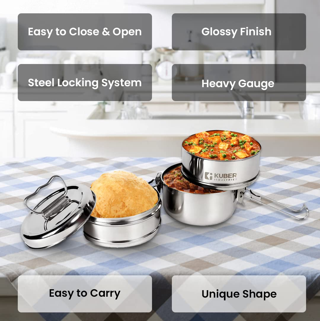 Kuber Industries Clipper Stainless Steel Tiffin Box | Lunch Box with Locking Clip I Silver | Set of 3 Box | Everyday use Home Office Steel Lunch Box (3 Container, 1000ml)