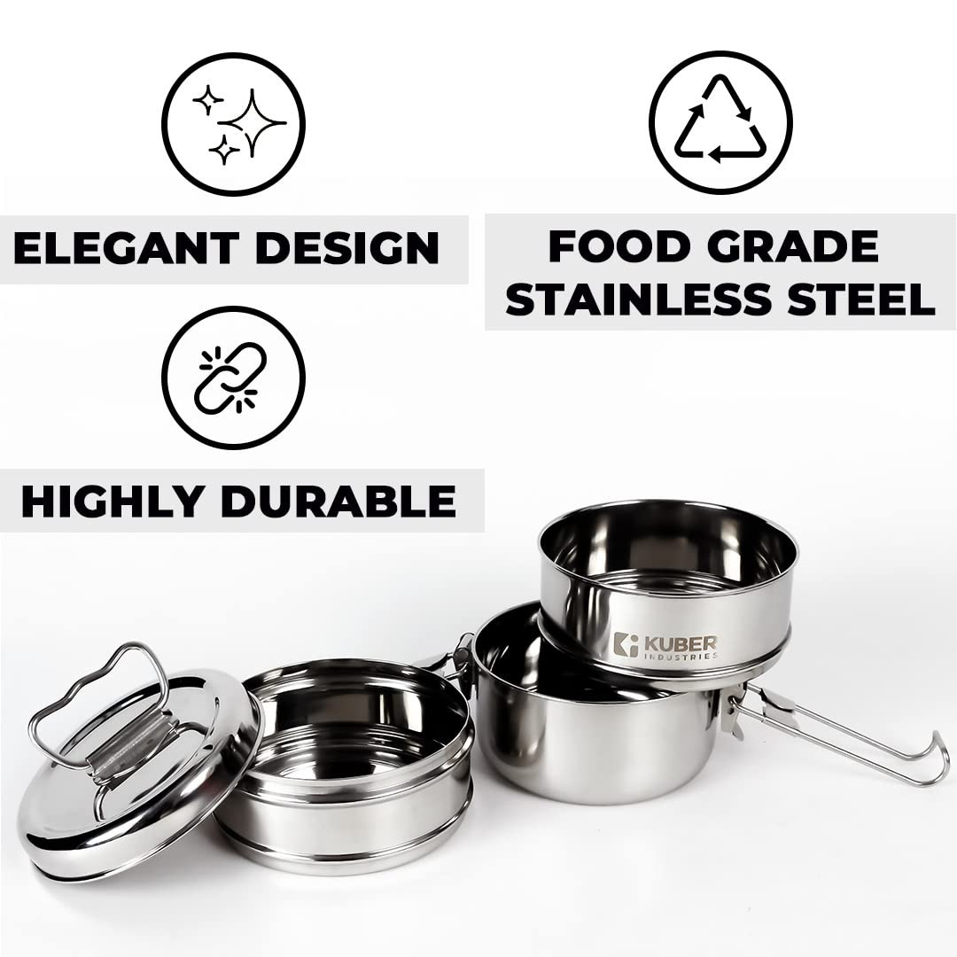 Kuber Industries Clipper Stainless Steel Tiffin Box | Lunch Box with Locking Clip I Silver | Set of 3 Box | Everyday use Home Office Steel Lunch Box (3 Container, 1000ml)