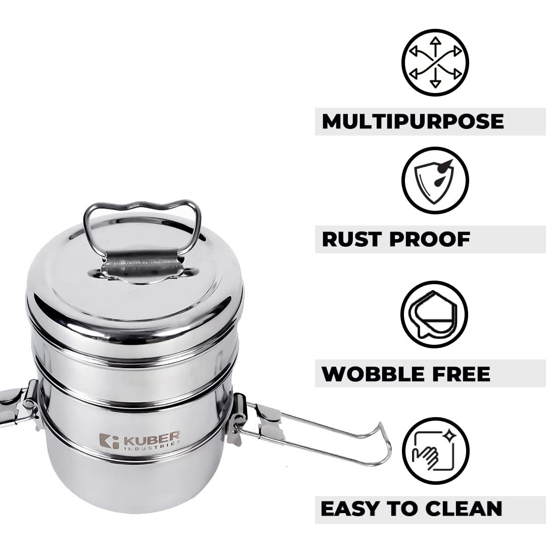 Kuber Industries Clipper Stainless Steel Tiffin Box | Lunch Box with Locking Clip I Silver | Set of 3 Box | Everyday use Home Office Steel Lunch Box (3 Container, 1000ml)