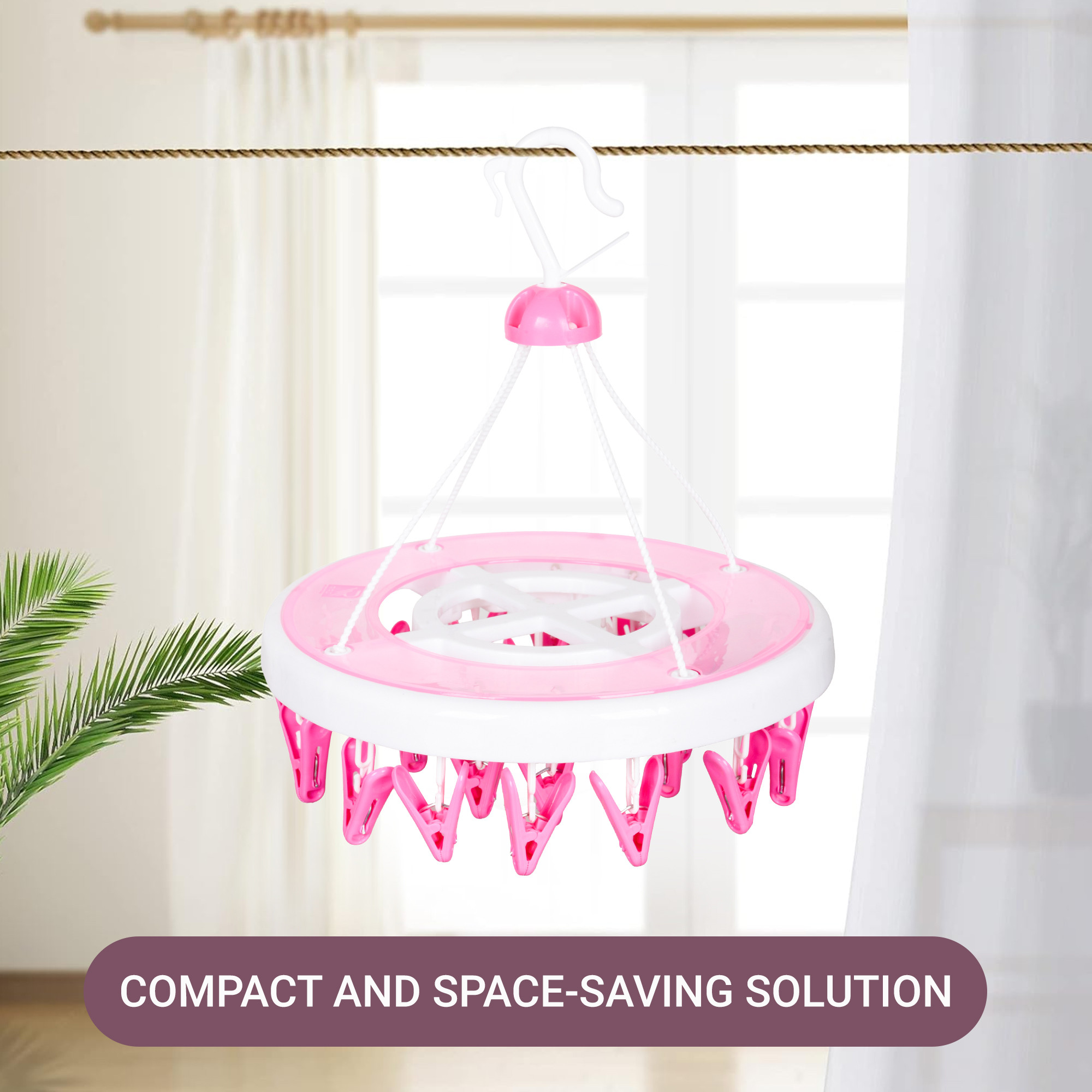 Kuber Industries Cloth Drying Hanger  24 Clips Cloth Hanger  Cloth Drying Stand  Baby Cloth Drying Pegs  Clothes Hanger Pegs  Round Cloth Drying Clips  Transparent Pink