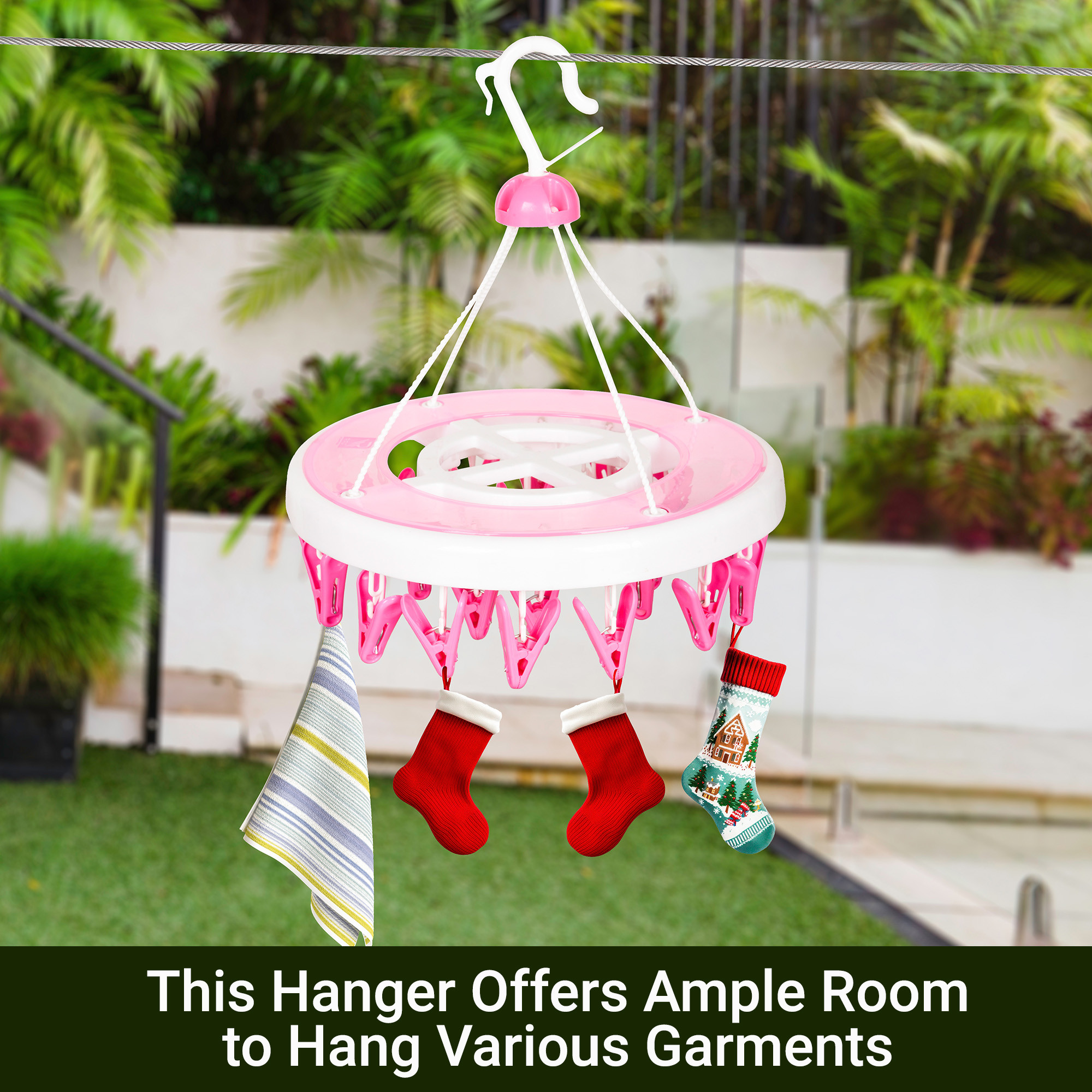 Kuber Industries Cloth Drying Hanger  24 Clips Cloth Hanger  Cloth Drying Stand  Baby Cloth Drying Pegs  Clothes Hanger Pegs  Round Cloth Drying Clips  Transparent Pink
