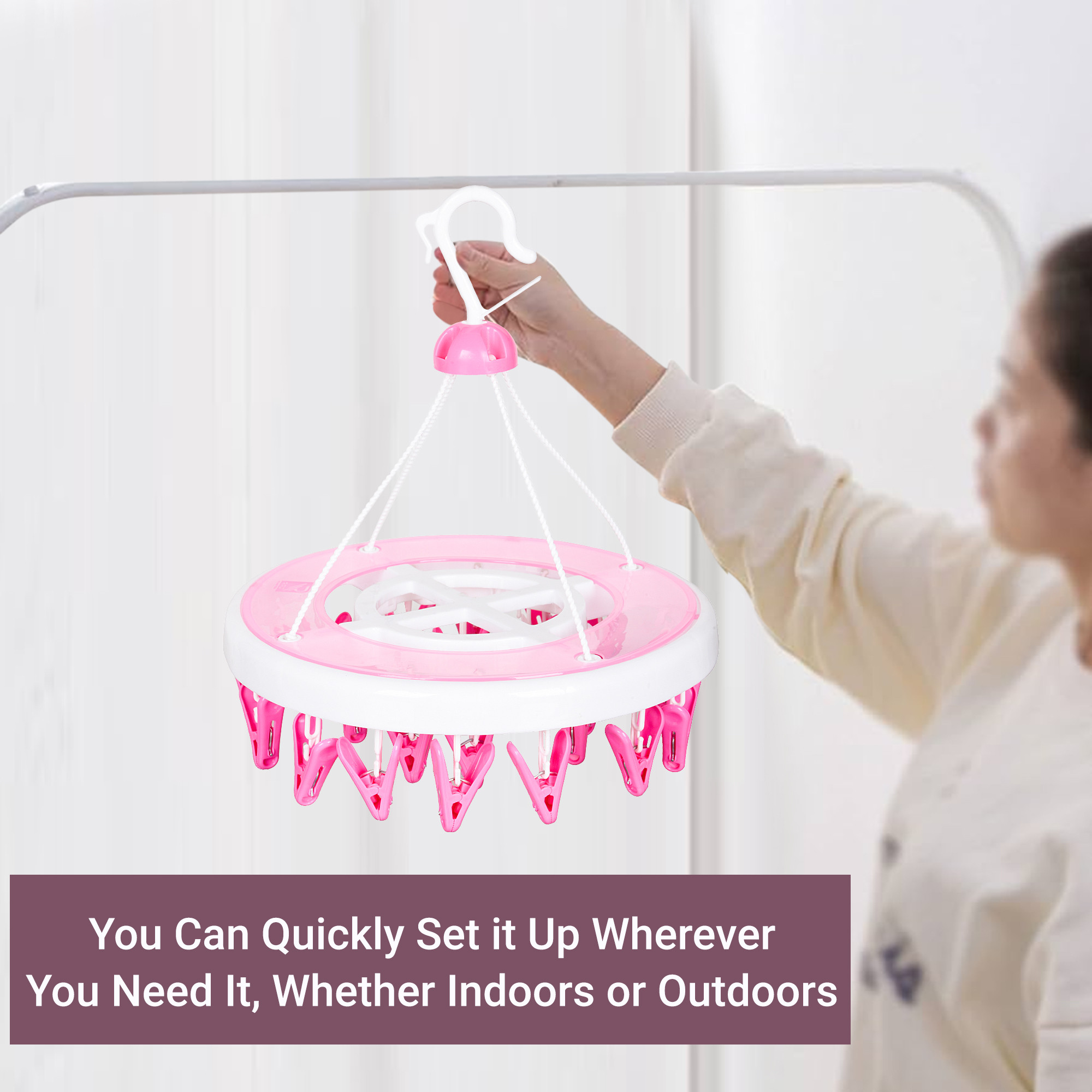 Kuber Industries Cloth Drying Hanger  24 Clips Cloth Hanger  Cloth Drying Stand  Baby Cloth Drying Pegs  Clothes Hanger Pegs  Round Cloth Drying Clips  Transparent Pink