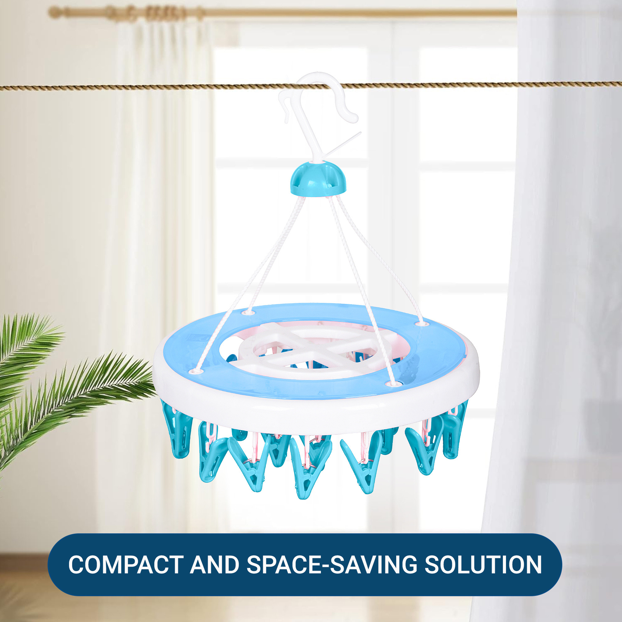 Kuber Industries Cloth Drying Hanger  24 Clips Cloth Hanger  Cloth Drying Stand  Baby Cloth Drying Pegs  Clothes Hanger Pegs  Round Cloth Drying Clips  Transparent Blue