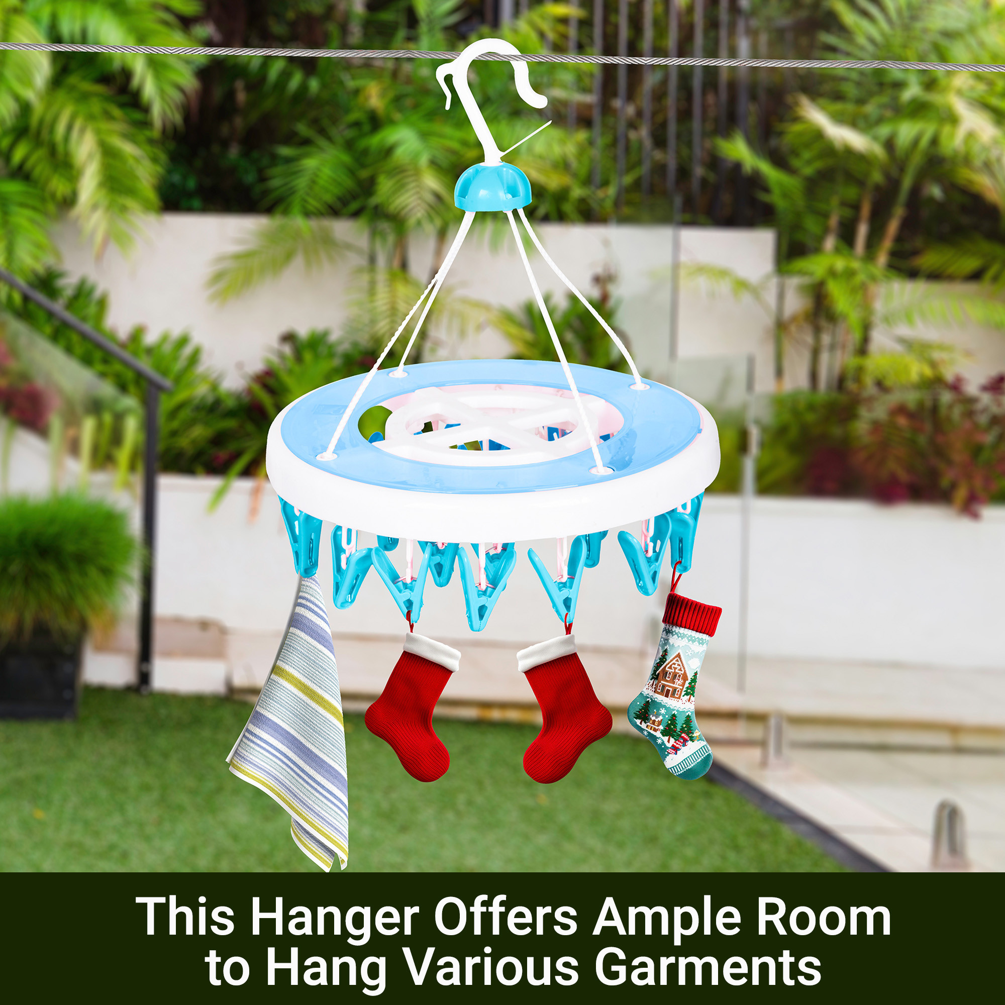 Kuber Industries Cloth Drying Hanger  24 Clips Cloth Hanger  Cloth Drying Stand  Baby Cloth Drying Pegs  Clothes Hanger Pegs  Round Cloth Drying Clips  Transparent Blue