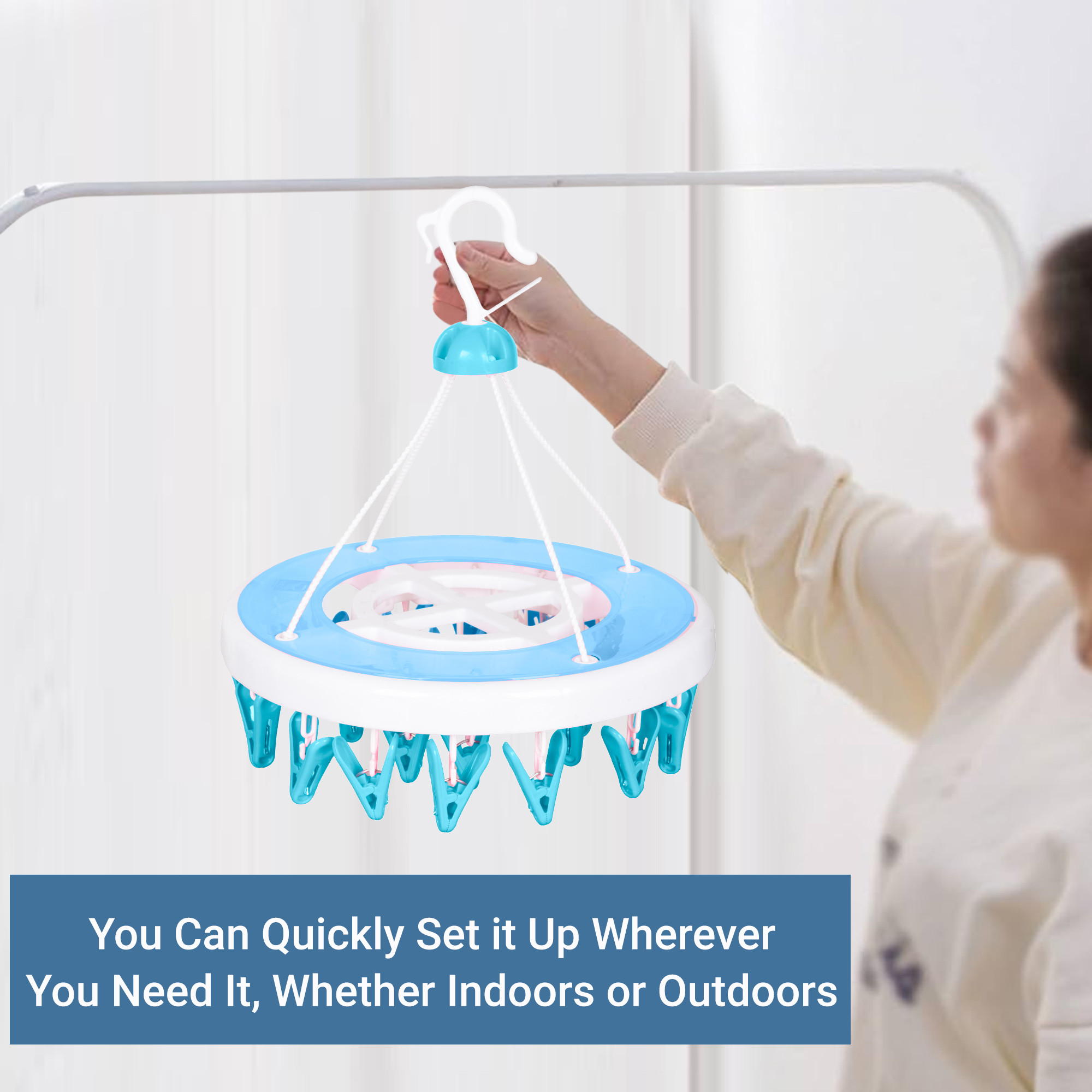 Kuber Industries Cloth Drying Hanger  24 Clips Cloth Hanger  Cloth Drying Stand  Baby Cloth Drying Pegs  Clothes Hanger Pegs  Round Cloth Drying Clips  Transparent Blue