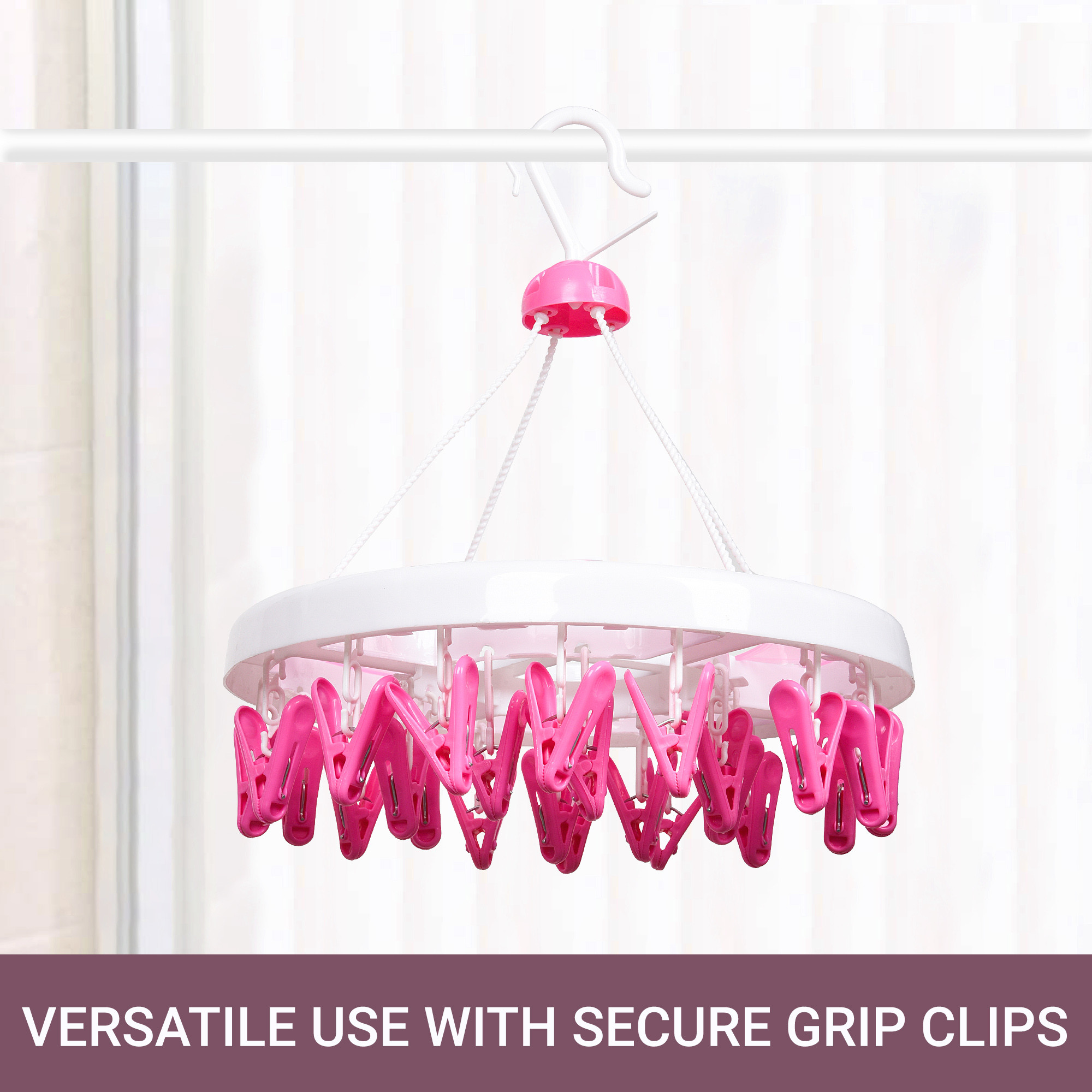 Kuber Industries Cloth Drying Hanger  24 Clips Cloth Hanger  Cloth Drying Stand  Baby Cloth Drying Pegs  Clothes Hanger Pegs  Round Cloth Drying Clips  Transparent Pink
