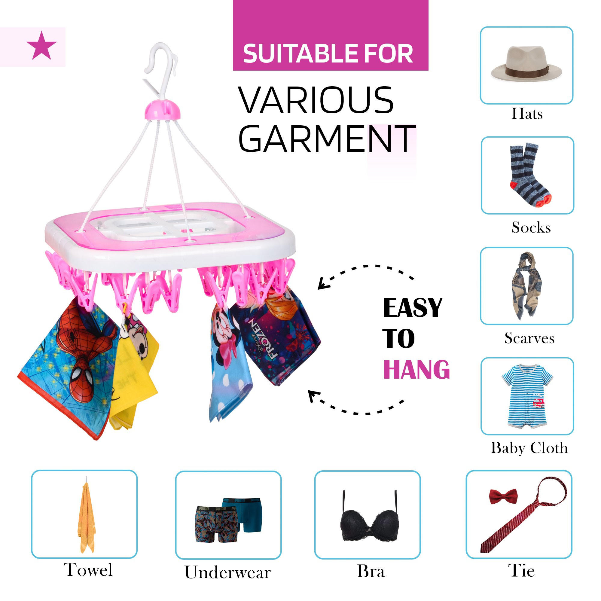 Kuber Industries Cloth Drying Hanger  36 Clips Cloth Hanger  Cloth Drying Stand  Baby Cloth Drying Pegs  Clothes Hanger Pegs  Square Cloth Drying Clips  Transparent Pink