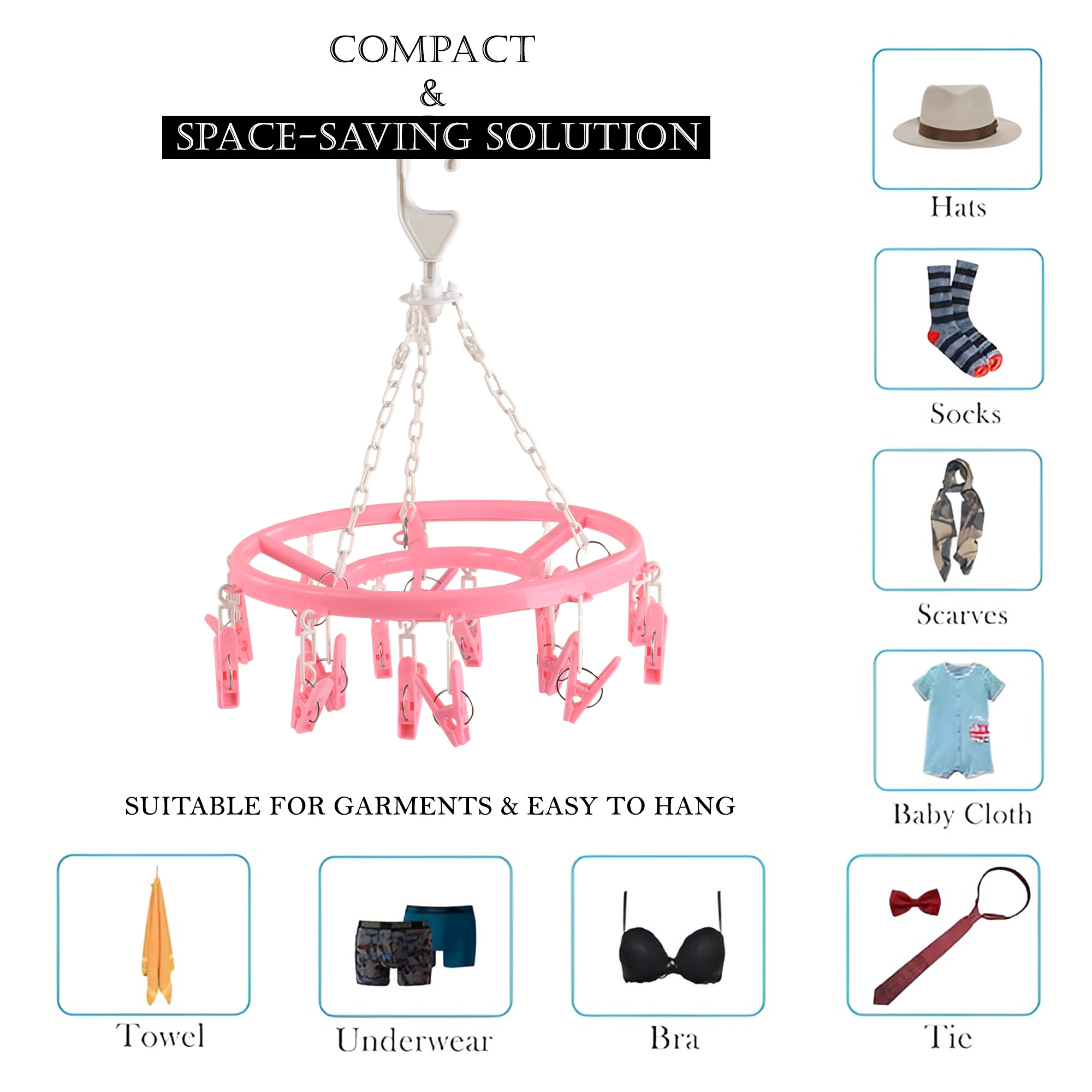 Kuber Industries Cloth Drying Hanger  360 Cloth Drying Stand  Baby Cloth Drying Pegs  16 Clips Clothes Hanger for Socks Bras Underwear  Towels  Round Cloth Drying Clips  Pink