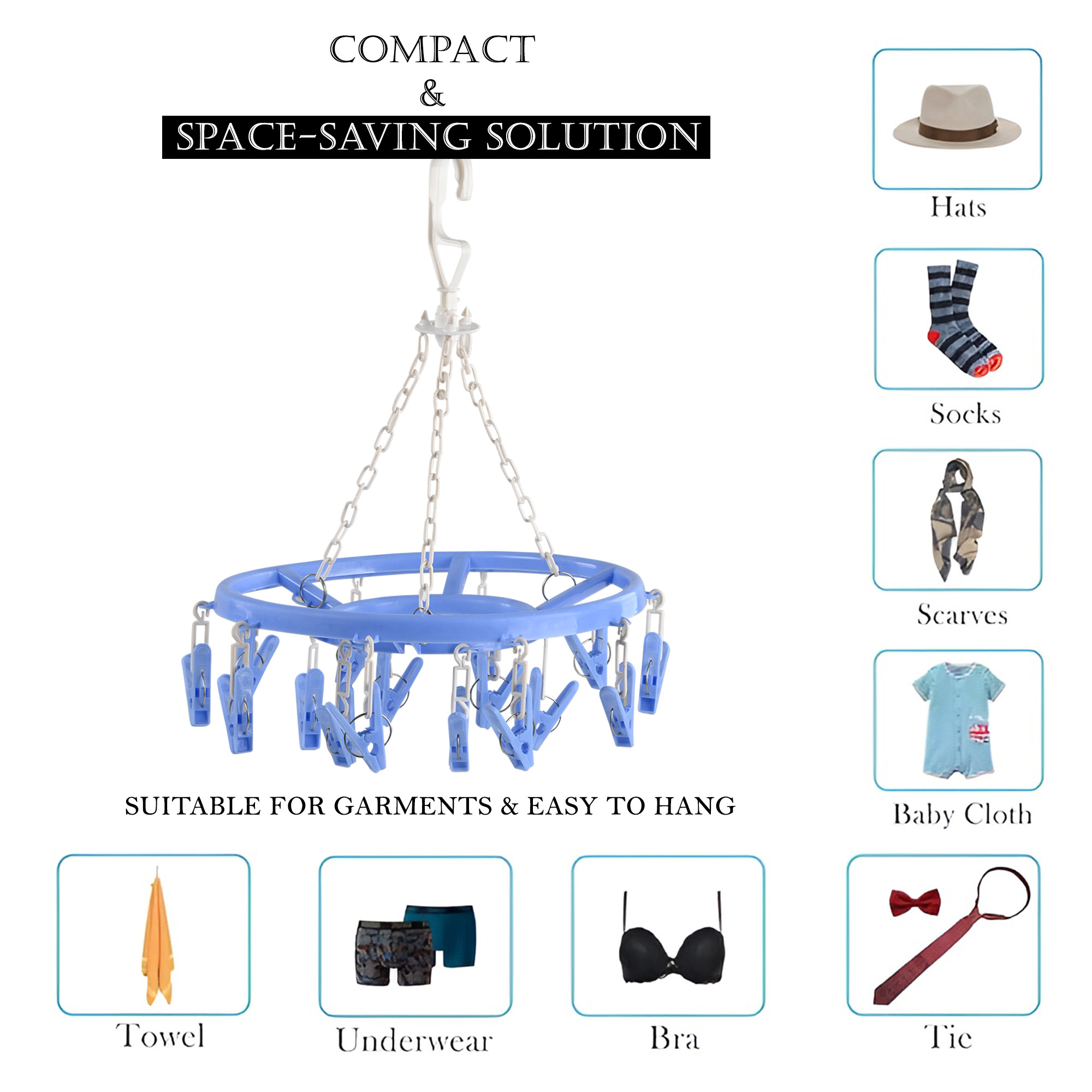 Kuber Industries Cloth Drying Hanger  360 Cloth Drying Stand  Baby Cloth Drying Pegs  16 Clips Clothes Hanger for Socks Bras Underwear  Towels  Round Cloth Drying Clips  Blue