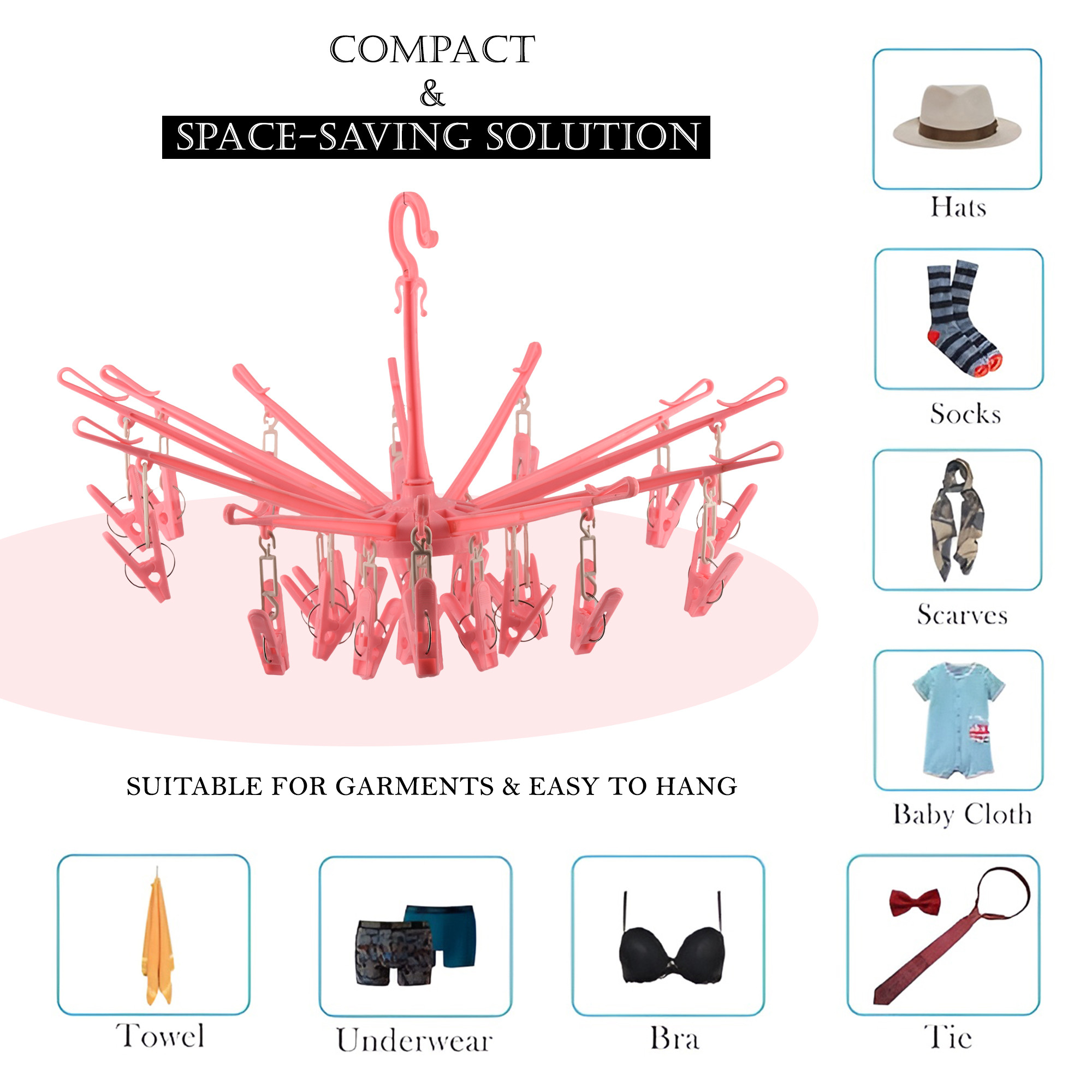 Kuber Industries Cloth Drying Hanger  360 Cloth Drying Stand  Baby Cloth Drying Pegs  24 Clips Clothes Hanger for Socks Bras Underwear  Towels  Folding Cloth Drying Clips  Pink