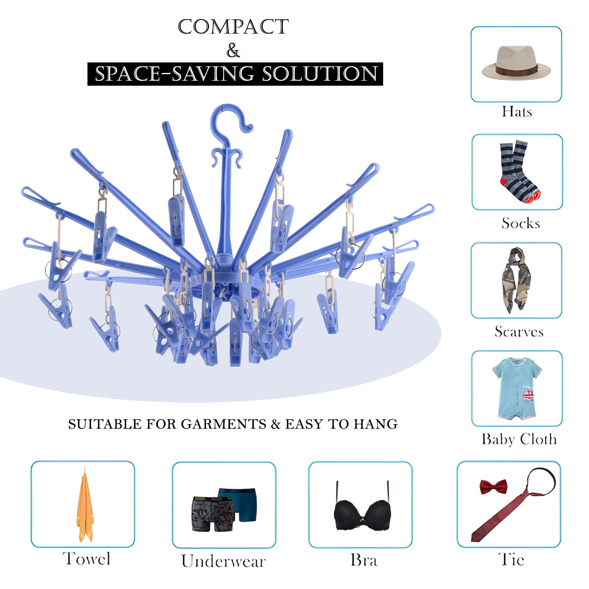 Kuber Industries Cloth Drying Hanger  360 Cloth Drying Stand  Baby Cloth Drying Pegs  24 Clips Clothes Hanger for Socks Bras Underwear  Towels  Folding Cloth Drying Clips  Blue