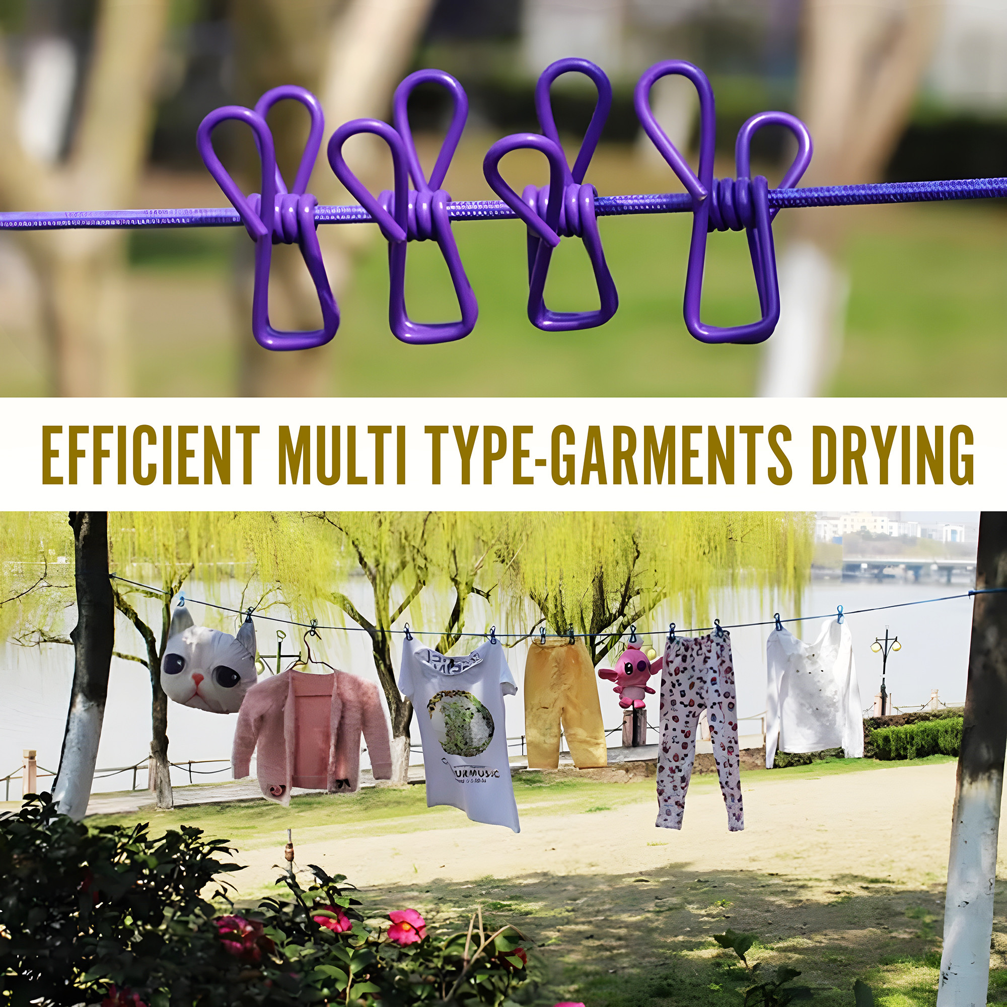 Kuber Industries Cloth Drying Rope  Cloth Line Rope  Portable Drying Rope with 12 Clips and 2 Hooks  Drying Rope for Balcony-Garden-Terrace-Backyard-Travel-Camping  18 MTR  Multicolor