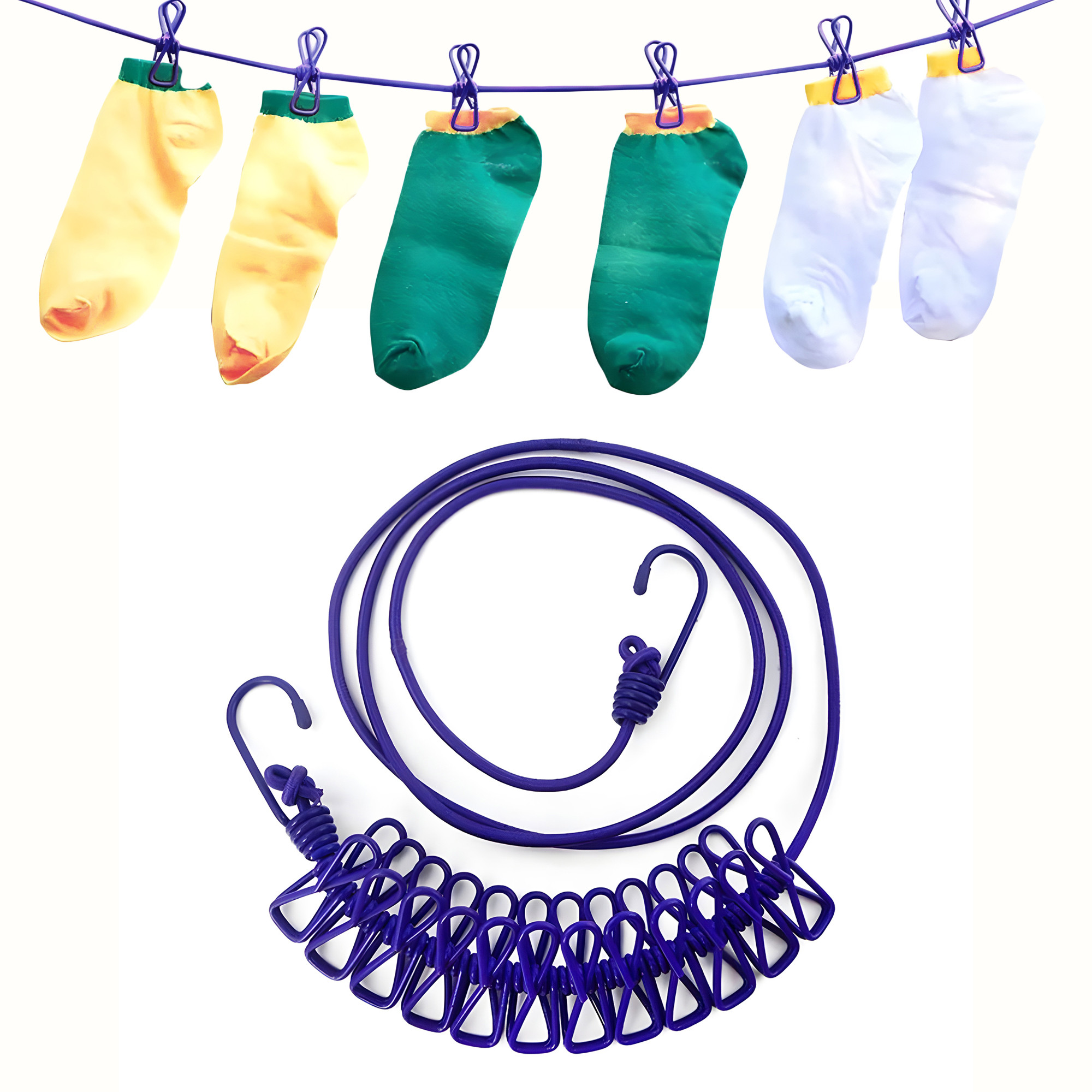 Kuber Industries Cloth Drying Rope | Cloth Line Rope | Portable Drying Rope with 12 Clips and 2 Hooks | Drying Rope for Balcony-Garden-Terrace-Backyard-Travel-Camping | 1.8 MTR | Multicolor