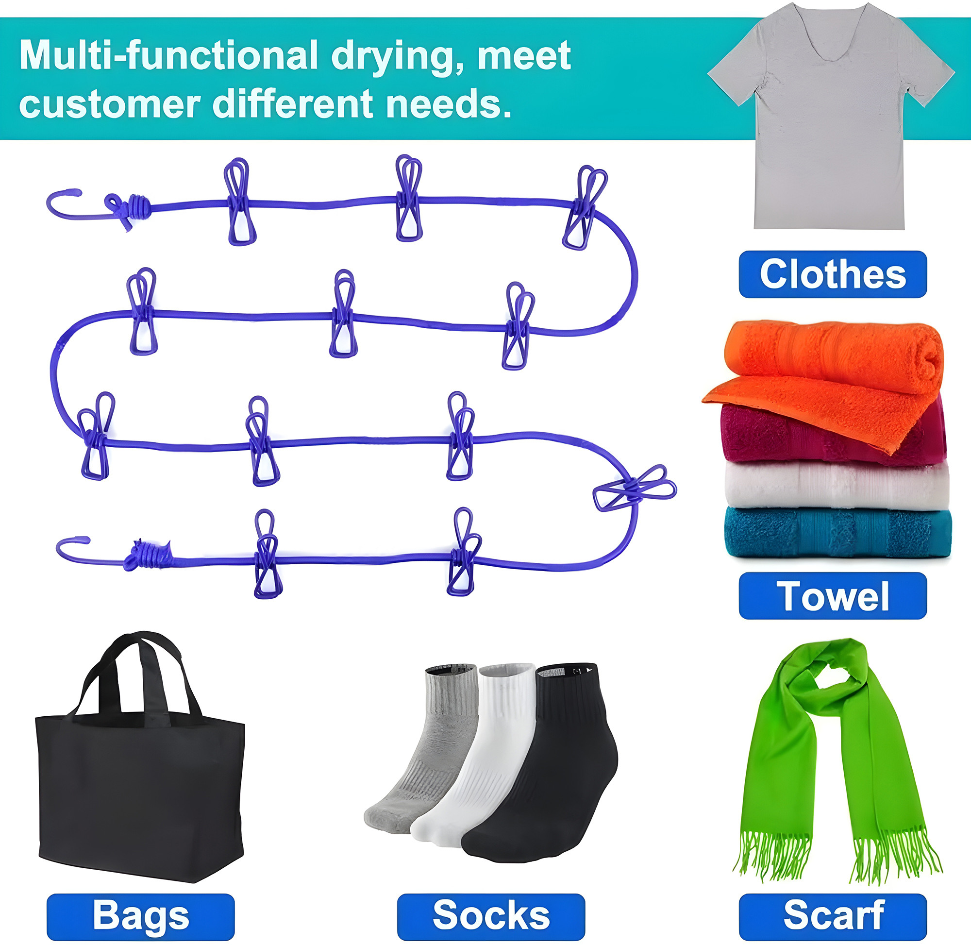 Kuber Industries Cloth Drying Rope | Cloth Line Rope | Portable Drying Rope with 12 Clips and 2 Hooks | Drying Rope for Balcony-Garden-Terrace-Backyard-Travel-Camping | 1.8 MTR | Multicolor
