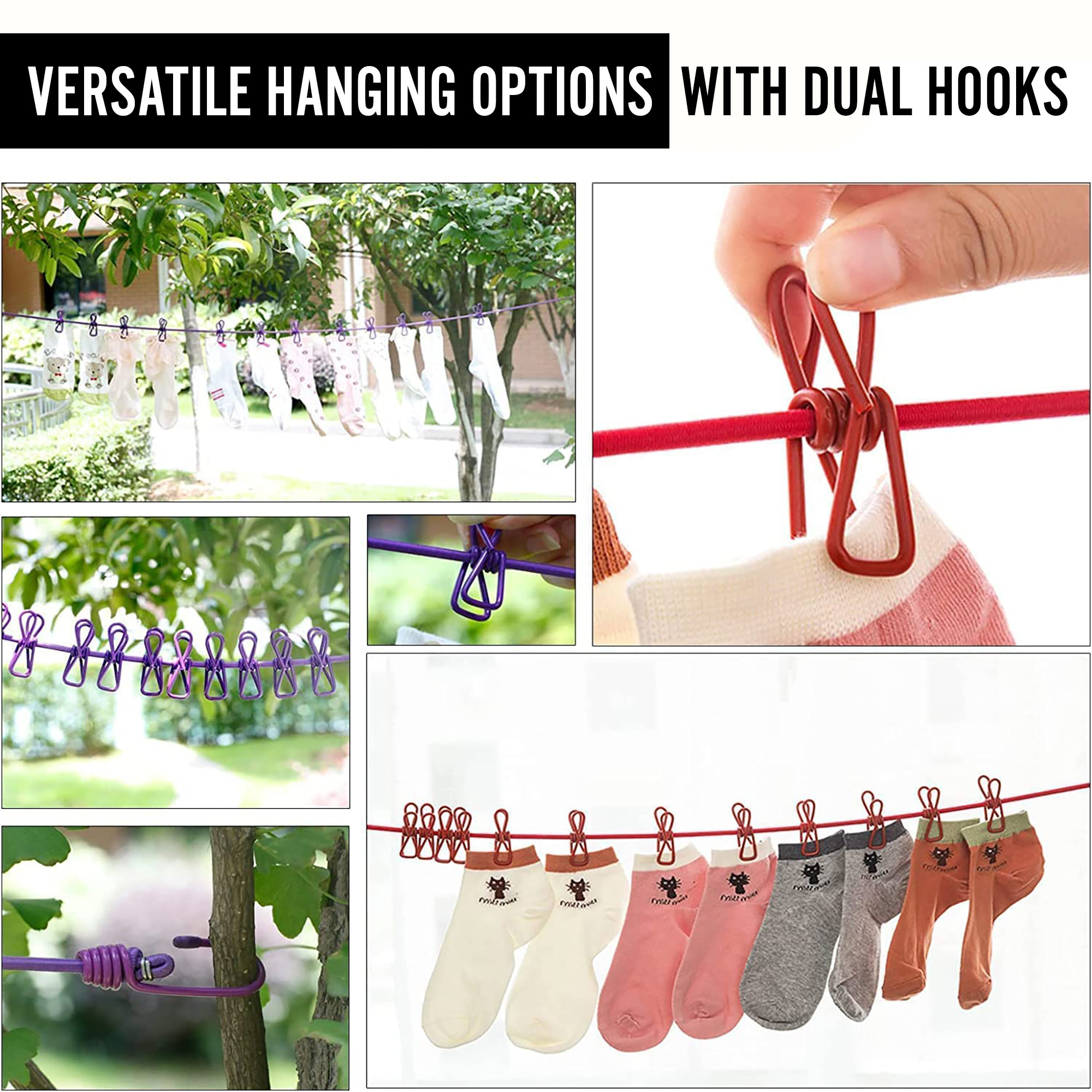 Kuber Industries Cloth Drying Rope | Cloth Line Rope | Portable Drying Rope with 12 Clips and 2 Hooks | Drying Rope for Balcony-Garden-Terrace-Backyard-Travel-Camping | 1.8 MTR | Multicolor