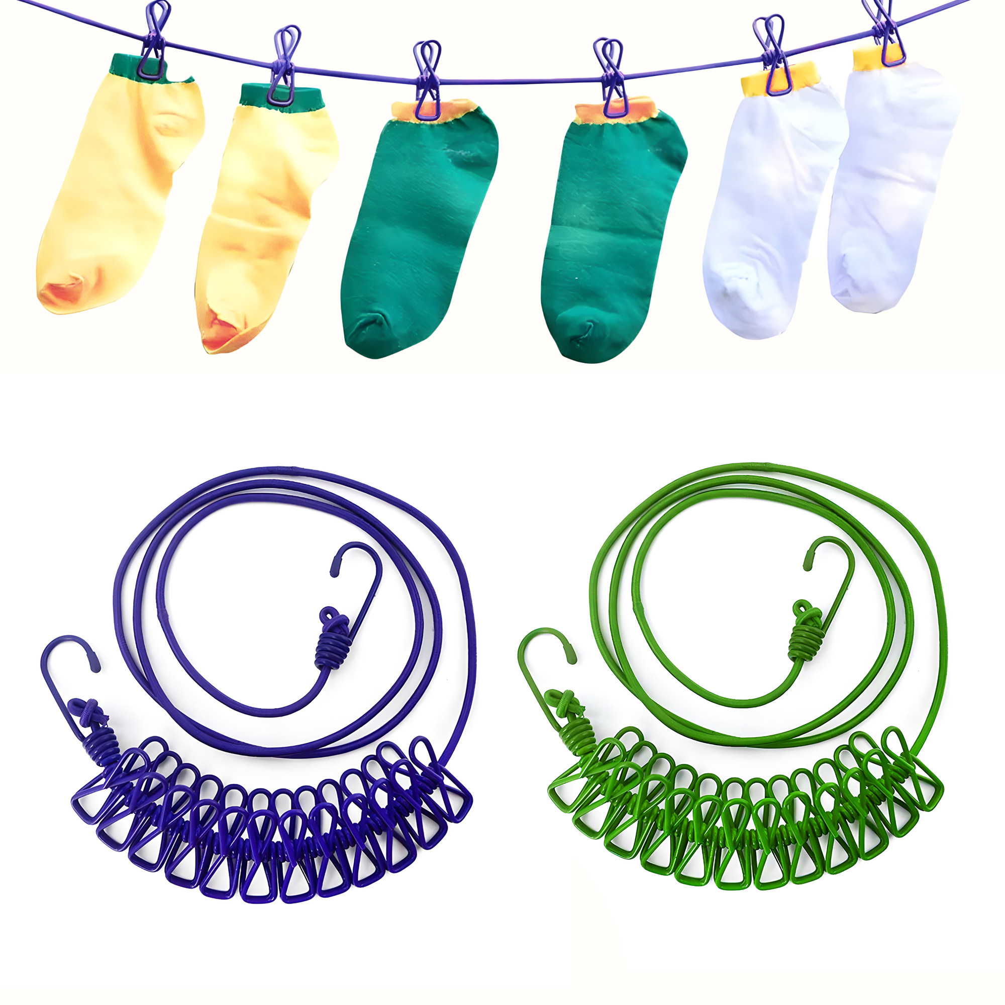 Kuber Industries Cloth Drying Rope | Cloth Line Rope | Portable Drying Rope with 12 Clips and 2 Hooks | Drying Rope for Balcony-Garden-Terrace-Backyard-Travel-Camping | 1.8 MTR | Multicolor