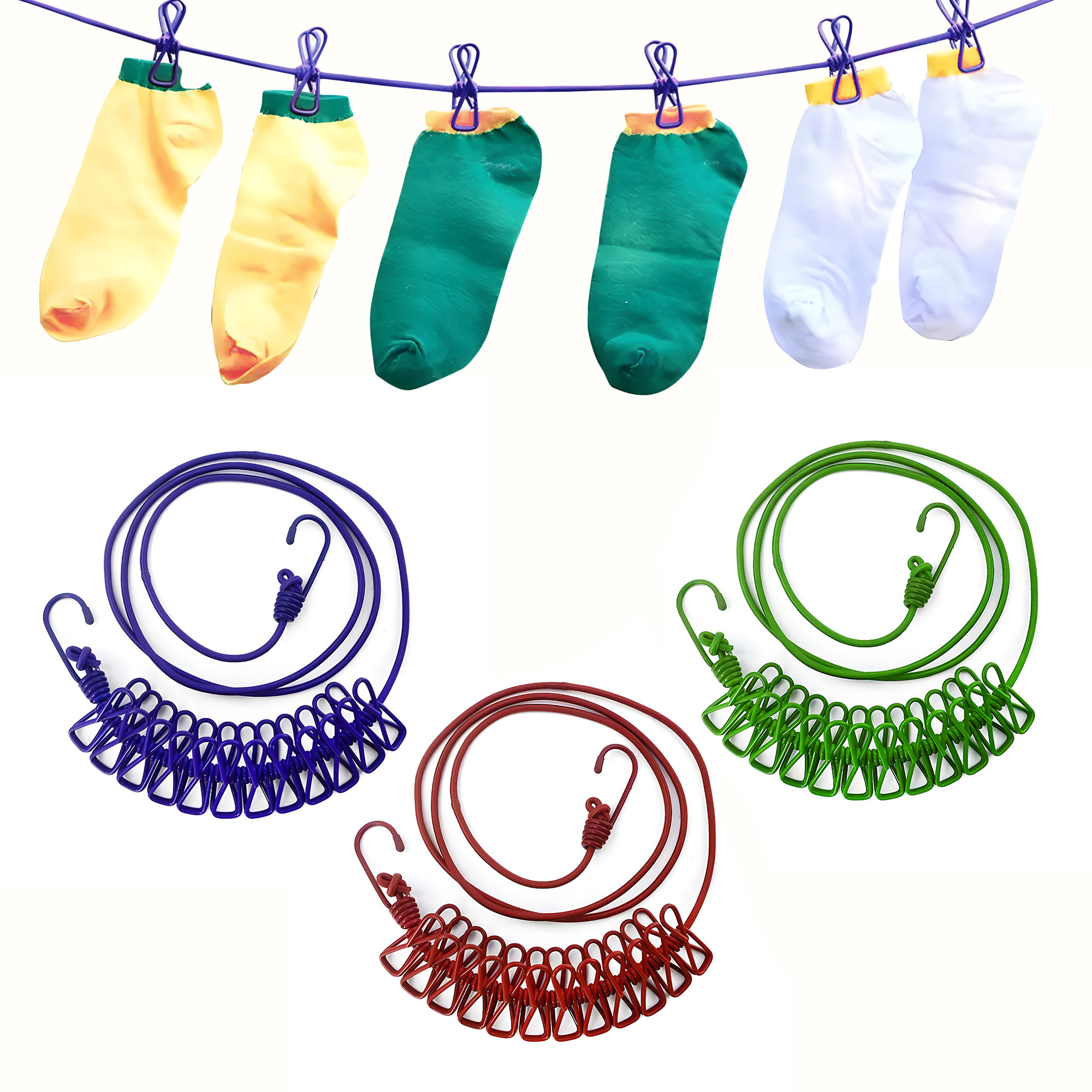 Kuber Industries Cloth Drying Rope | Cloth Line Rope | Portable Drying Rope with 12 Clips and 2 Hooks | Drying Rope for Balcony-Garden-Terrace-Backyard-Travel-Camping | 1.8 MTR | Multicolor