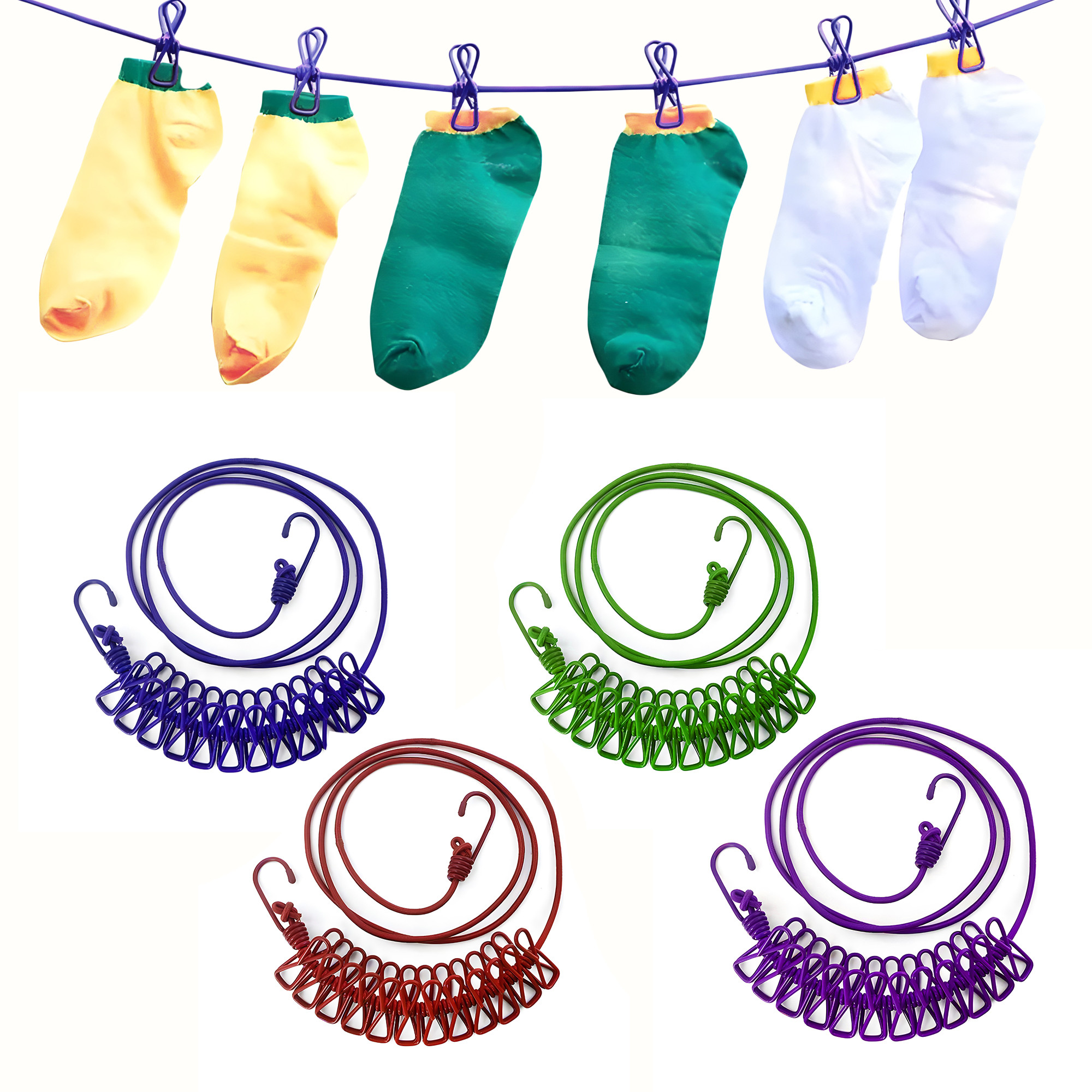 Kuber Industries Cloth Drying Rope | Cloth Line Rope | Portable Drying Rope with 12 Clips and 2 Hooks | Drying Rope for Balcony-Garden-Terrace-Backyard-Travel-Camping | 1.8 MTR | Multicolor