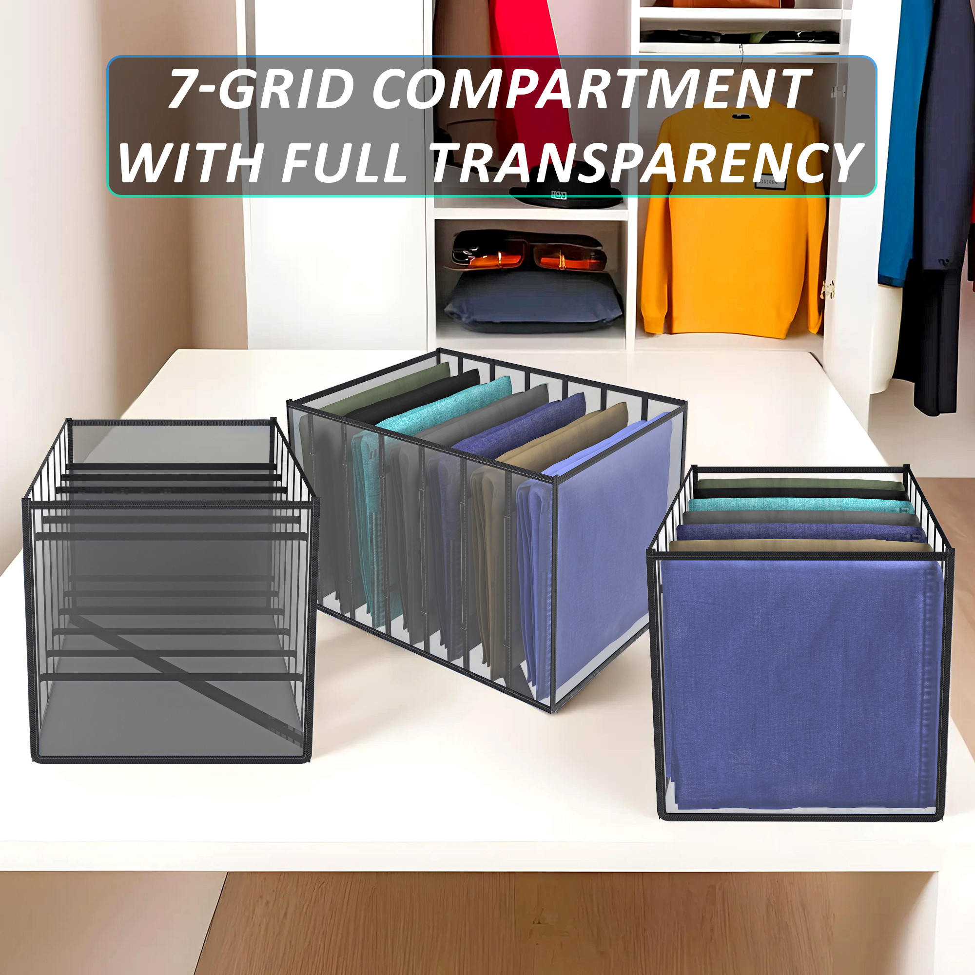 Kuber Industries Cloth Organizer  Wardrobe Organizer  7 Grids Storage Box for Jeans-Trousers-Shirts  PVC Foldable Drawer Organizer  Almirah Organizer  Transparent 40 mm  Black