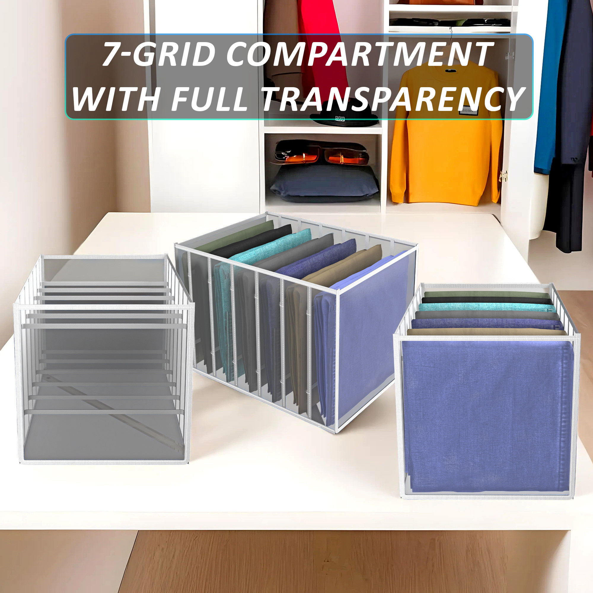 Kuber Industries Cloth Organizer  Wardrobe Organizer  7 Grids Storage Box for Jeans-Trousers-Shirts  PVC Foldable Drawer Organizer  Almirah Organizer  Transparent 40 mm  White