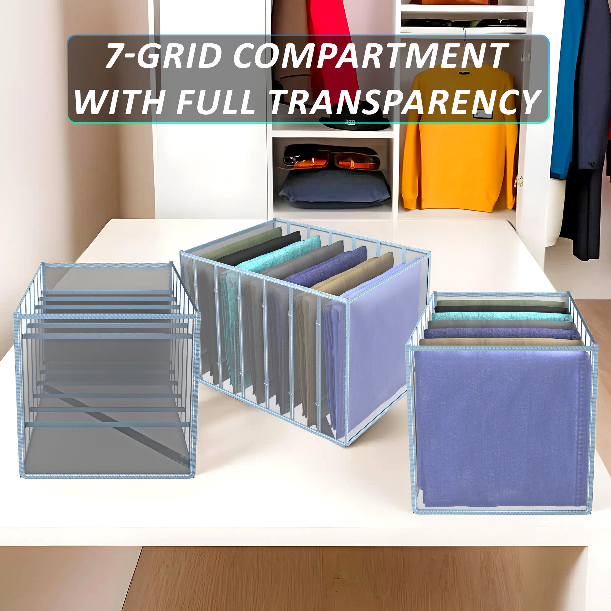 Kuber Industries Cloth Organizer  Wardrobe Organizer  7 Grids Storage Box for Jeans-Trousers-Shirts  PVC Foldable Drawer Organizer  Almirah Organizer  Transparent 40 mm  Gray