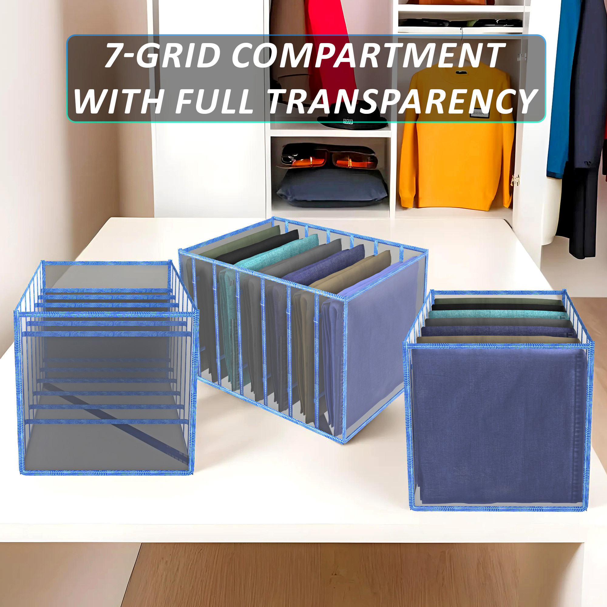 Kuber Industries Cloth Organizer  Wardrobe Organizer  7 Grids Storage Box for Jeans-Trousers-Shirts  PVC Foldable Drawer Organizer  Almirah Organizer  Zig-Zag 40 mm  Blue