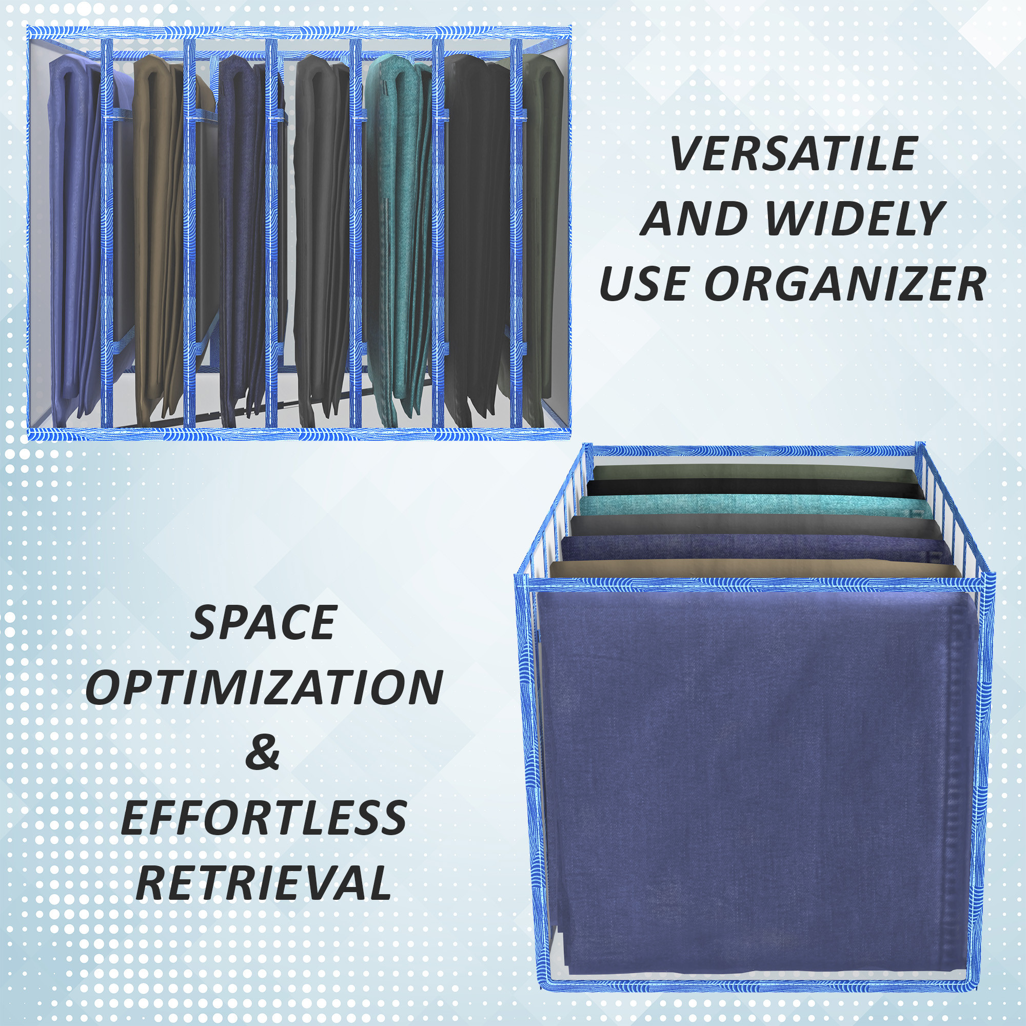 Kuber Industries Cloth Organizer  Wardrobe Organizer  7 Grids Storage Box for Jeans-Trousers-Shirts  PVC Foldable Drawer Organizer  Almirah Organizer  Zig-Zag 40 mm  Blue