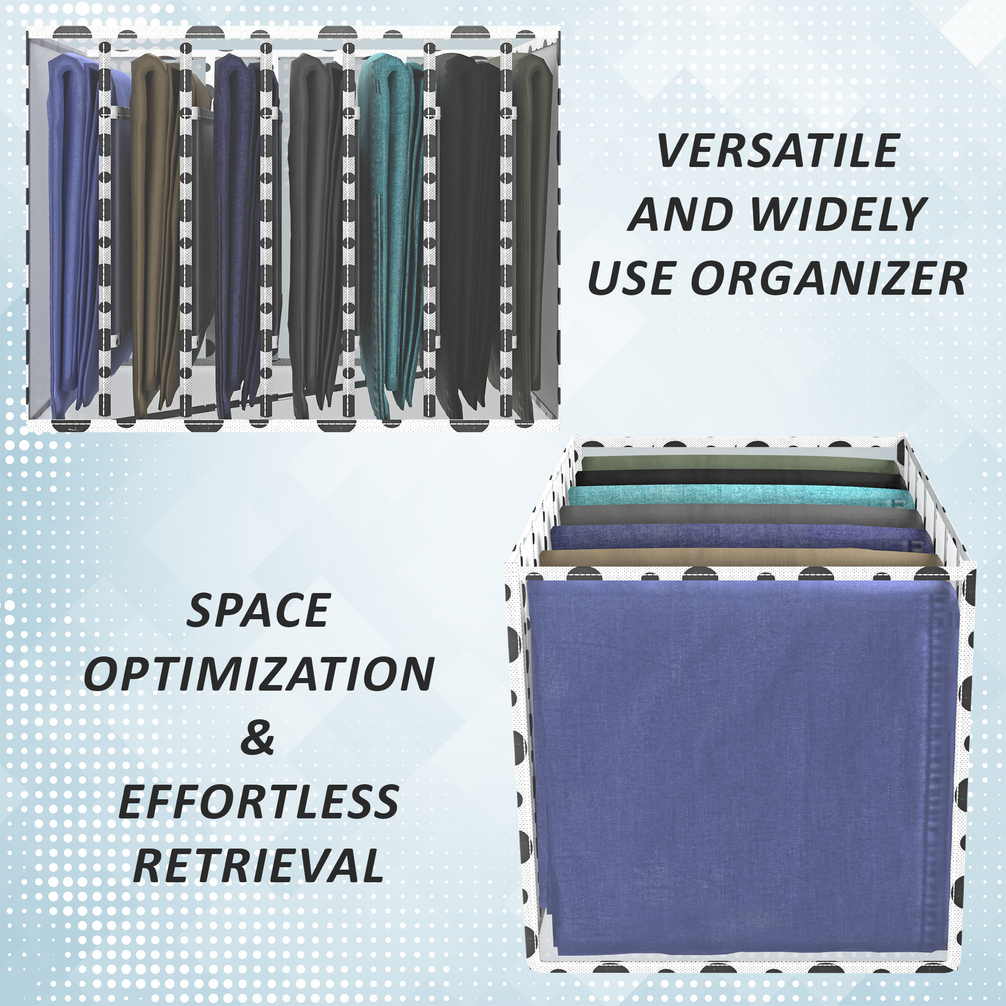 Kuber Industries Cloth Organizer  Wardrobe Organizer  7 Grids Storage Box for Jeans-Trousers-Shirts  PVC Foldable Drawer Organizer  Almirah Organizer  Black Dot 40 mm  White