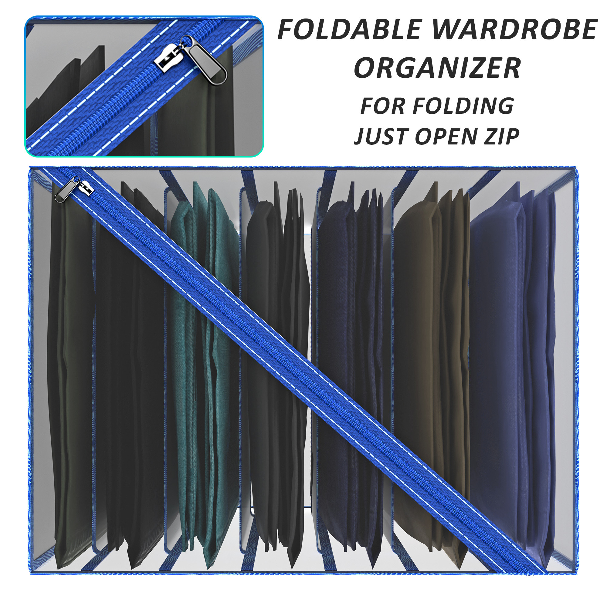 Kuber Industries Cloth Organizer  Wardrobe Organizer  7 Grids Storage Box for Jeans-Trousers-Shirts  PVC Foldable Drawer Organizer  Almirah Organizer  Zig-Zag 40 mm  Blue
