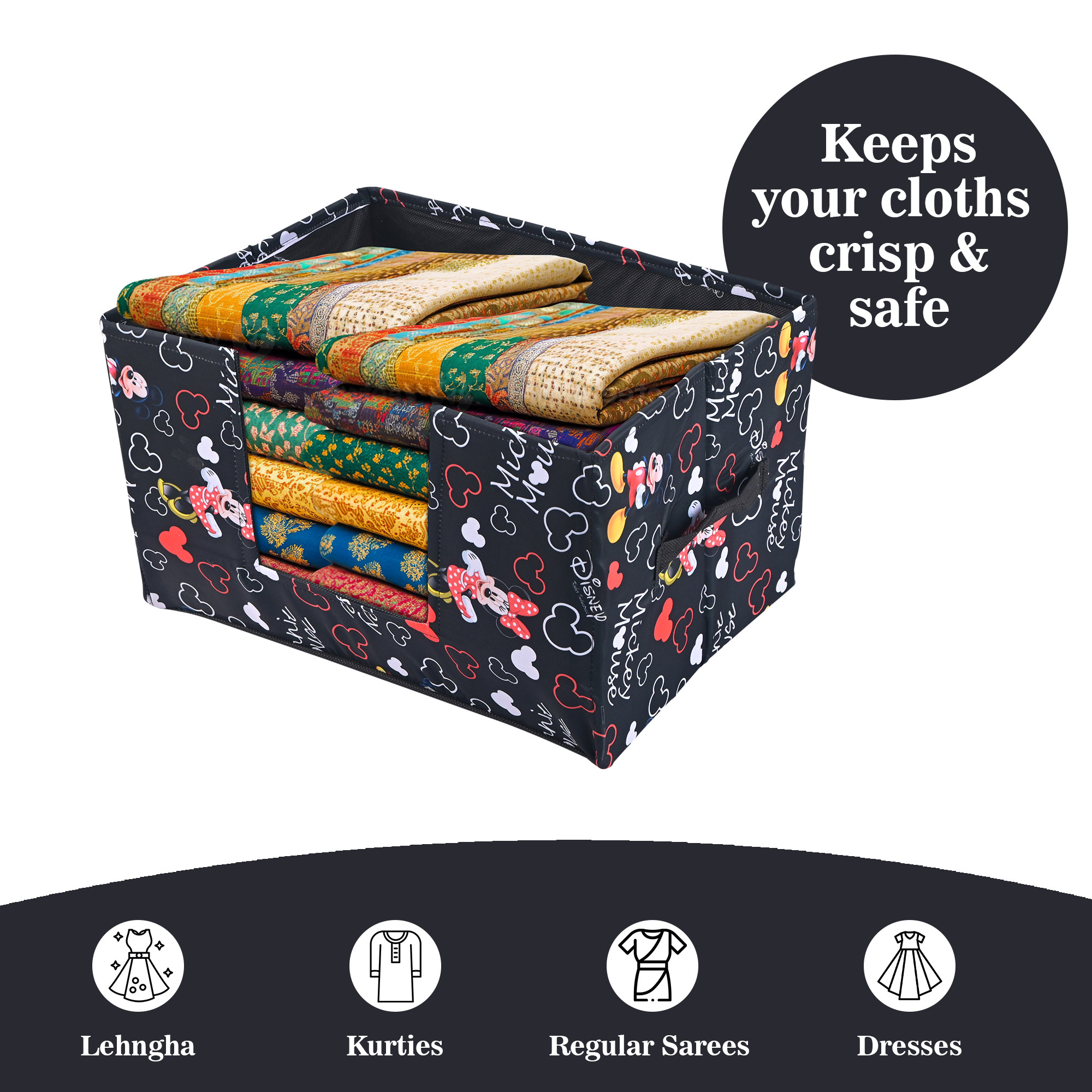 Kuber Industries Cloth Organizer for Storage Wardrobe  Closet Storage Organizer with Handle  Drawer Saree Box Organiser with Handle  Folding Storage Box for Clothes  Disney Mickey  Black