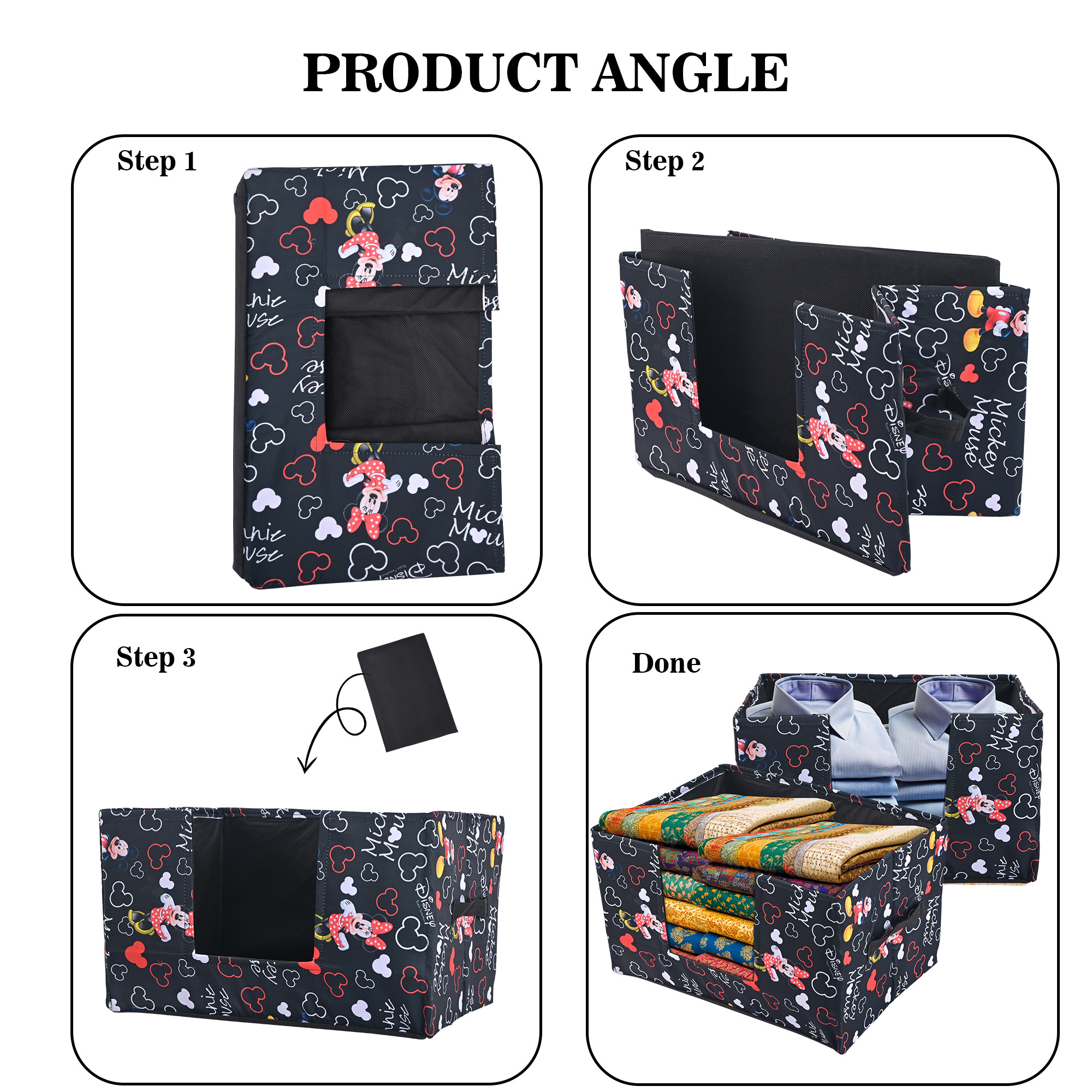 Kuber Industries Cloth Organizer for Storage Wardrobe  Closet Storage Organizer with Handle  Drawer Saree Box Organiser with Handle  Folding Storage Box for Clothes  Disney Mickey  Black