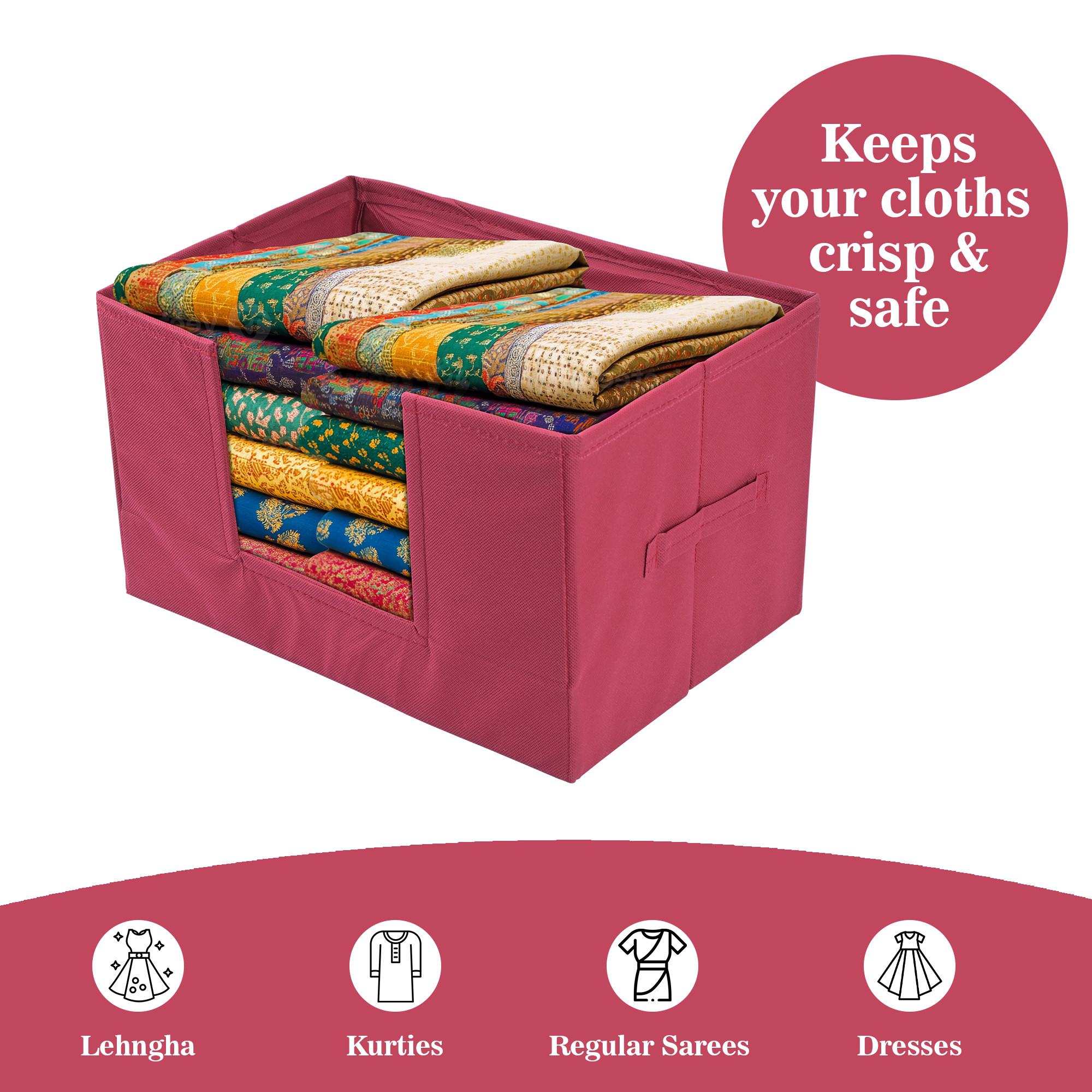 Kuber Industries Cloth Organizer for Storage Wardrobe  Closet Storage Organizer with Handle  Drawer Saree Box Organiser with Handle  Folding Storage Box for Clothes  Plain  Maroon