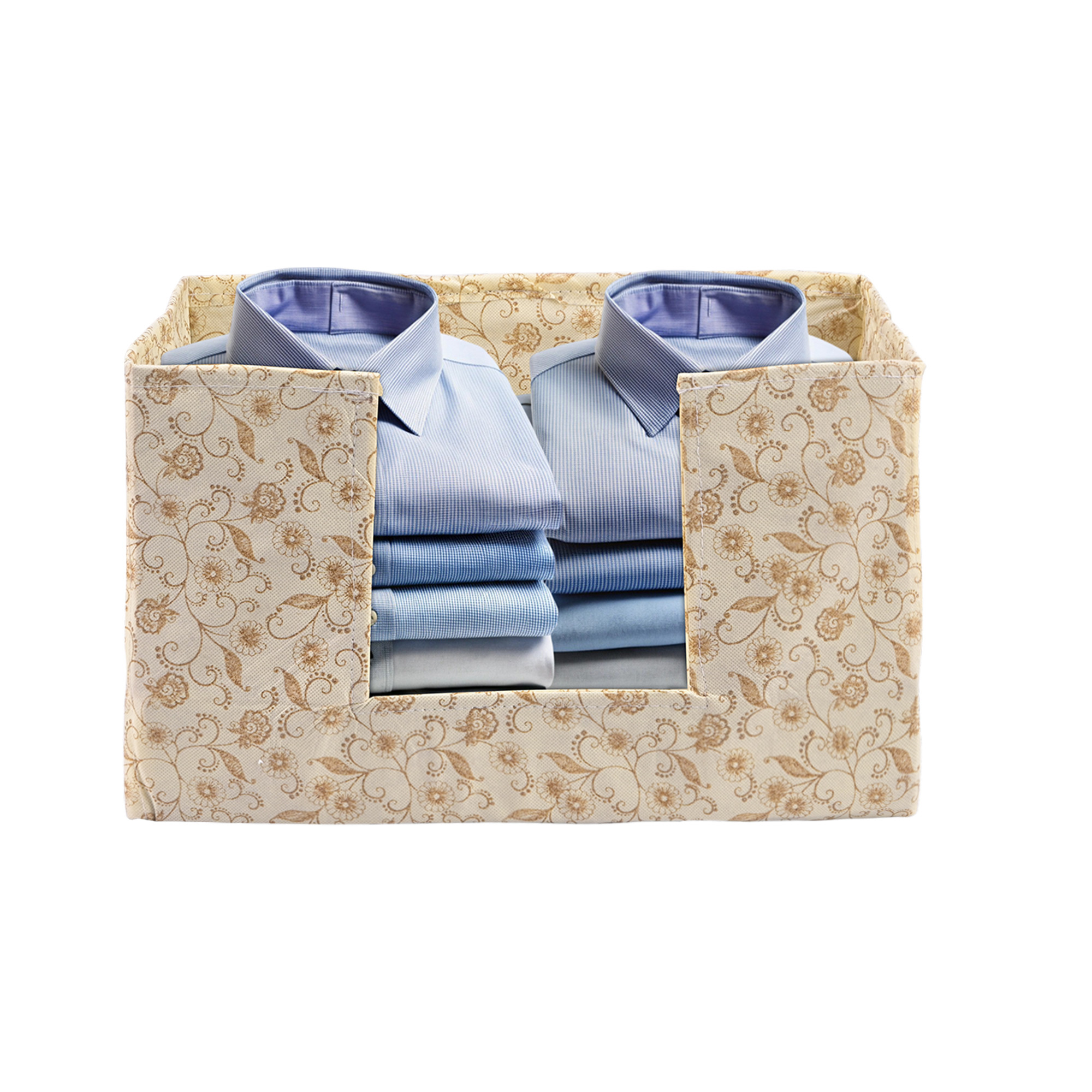 Kuber Industries Cloth Organizer for Storage Wardrobe  Closet Storage Organizer with Handle  Drawer Saree Box Organiser with Handle  Folding Storage Box for Clothes  Flower Printed  Cream