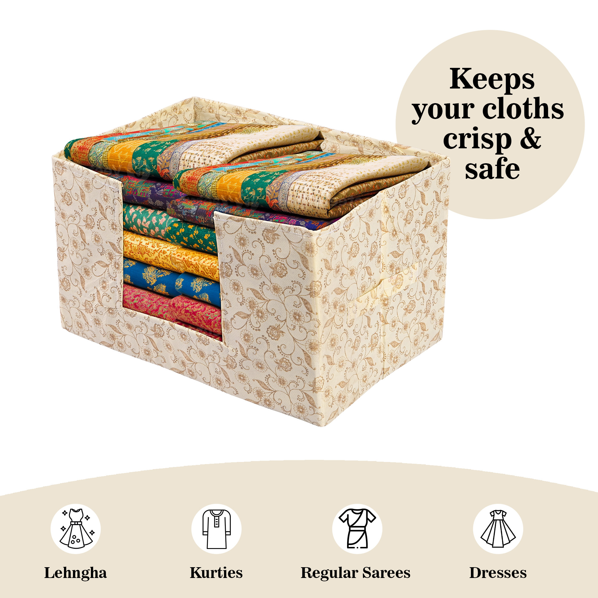 Kuber Industries Cloth Organizer for Storage Wardrobe  Closet Storage Organizer with Handle  Drawer Saree Box Organiser with Handle  Folding Storage Box for Clothes  Flower Printed  Cream