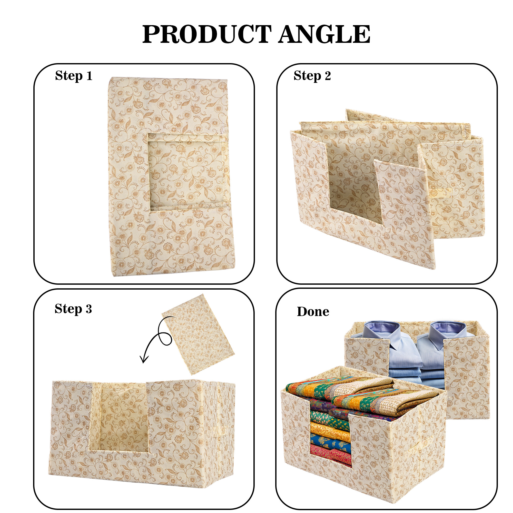 Kuber Industries Cloth Organizer for Storage Wardrobe  Closet Storage Organizer with Handle  Drawer Saree Box Organiser with Handle  Folding Storage Box for Clothes  Flower Printed  Cream