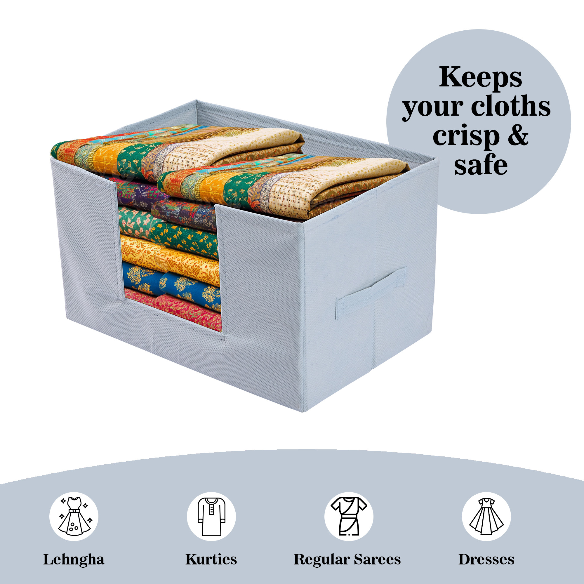 Kuber Industries Cloth Organizer for Storage Wardrobe  Closet Storage Organizer with Handle  Drawer Saree Box Organiser with Handle  Folding Storage Box for Clothes  Plain  Grey