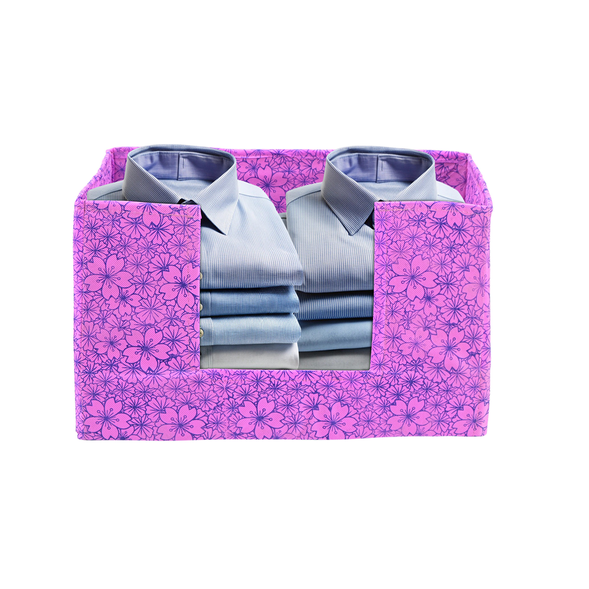 Kuber Industries Cloth Organizer for Storage Wardrobe  Closet Storage Organizer with Handle  Drawer Saree Box Organiser with Handle  Folding Storage Box for Clothes  Flower Design  Purple