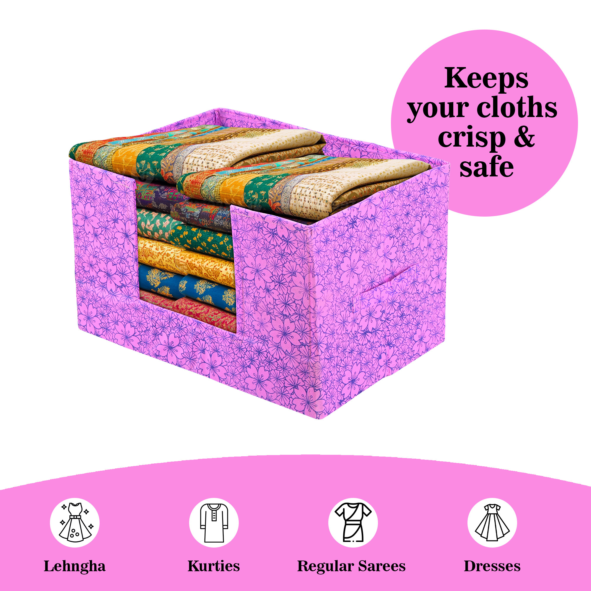 Kuber Industries Cloth Organizer for Storage Wardrobe  Closet Storage Organizer with Handle  Drawer Saree Box Organiser with Handle  Folding Storage Box for Clothes  Flower Design  Purple