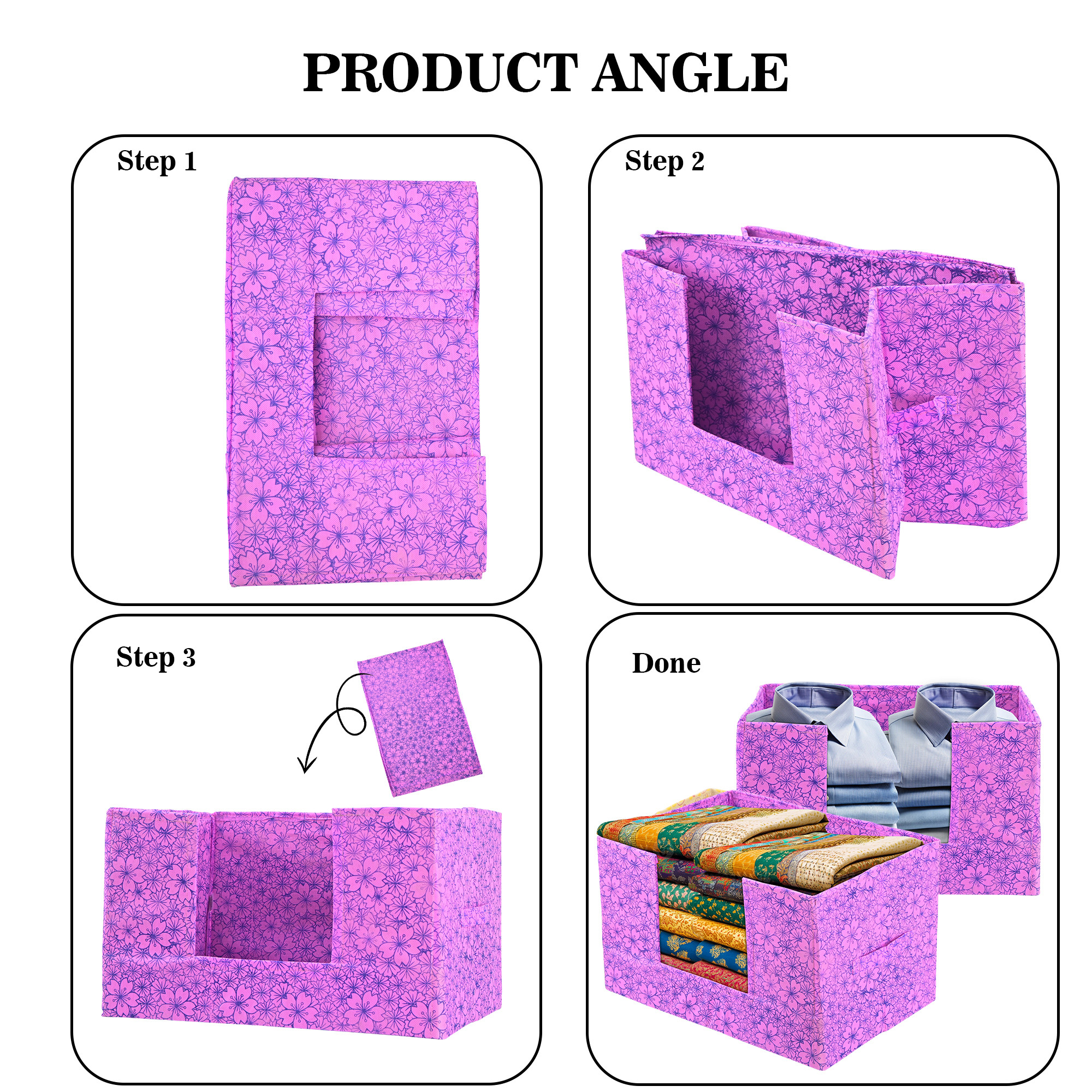 Kuber Industries Cloth Organizer for Storage Wardrobe  Closet Storage Organizer with Handle  Drawer Saree Box Organiser with Handle  Folding Storage Box for Clothes  Flower Design  Purple