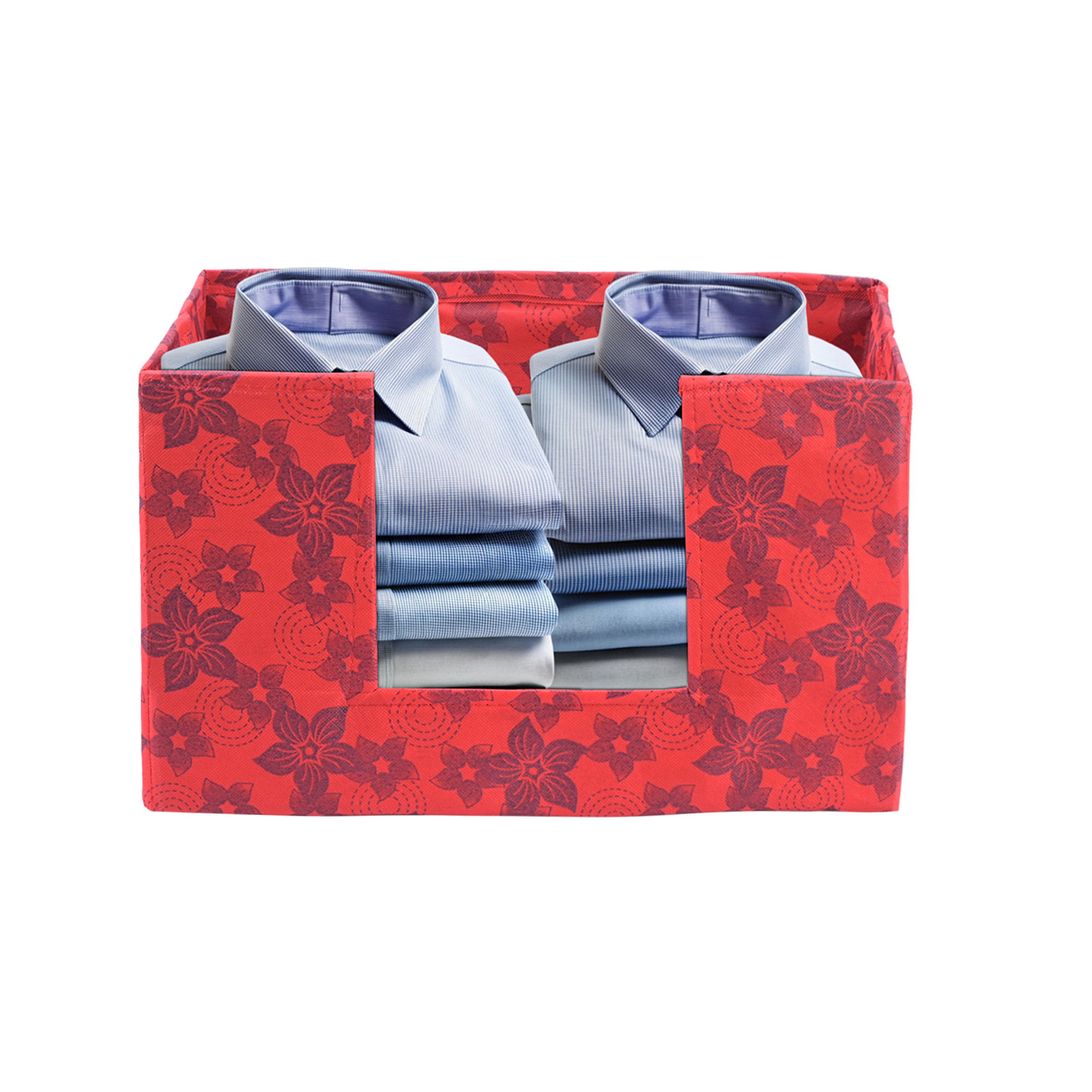 Kuber Industries Cloth Organizer for Storage Wardrobe  Closet Storage Organizer with Handle  Drawer Saree Box Organiser with Handle  Folding Storage Box for Clothes  New Flower  Red