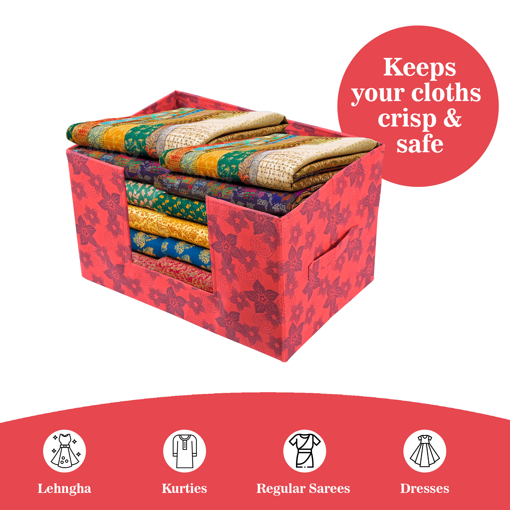 Kuber Industries Cloth Organizer for Storage Wardrobe  Closet Storage Organizer with Handle  Drawer Saree Box Organiser with Handle  Folding Storage Box for Clothes  New Flower  Red